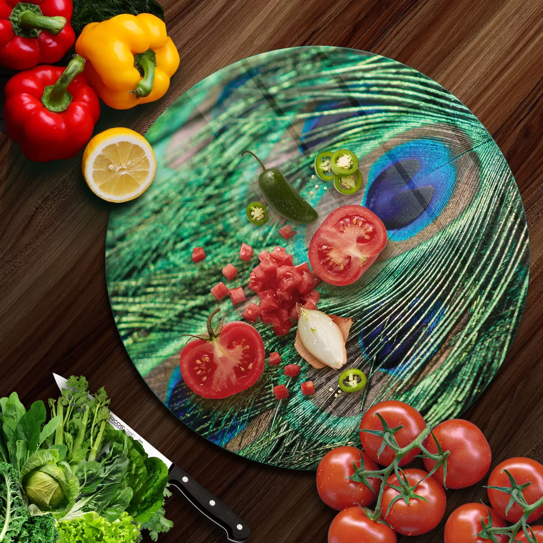 Picture of Decovetro Cam Kesme Tahtası ve Sunumluk Yuvarlak Tüy Desenli 30x30 Cm