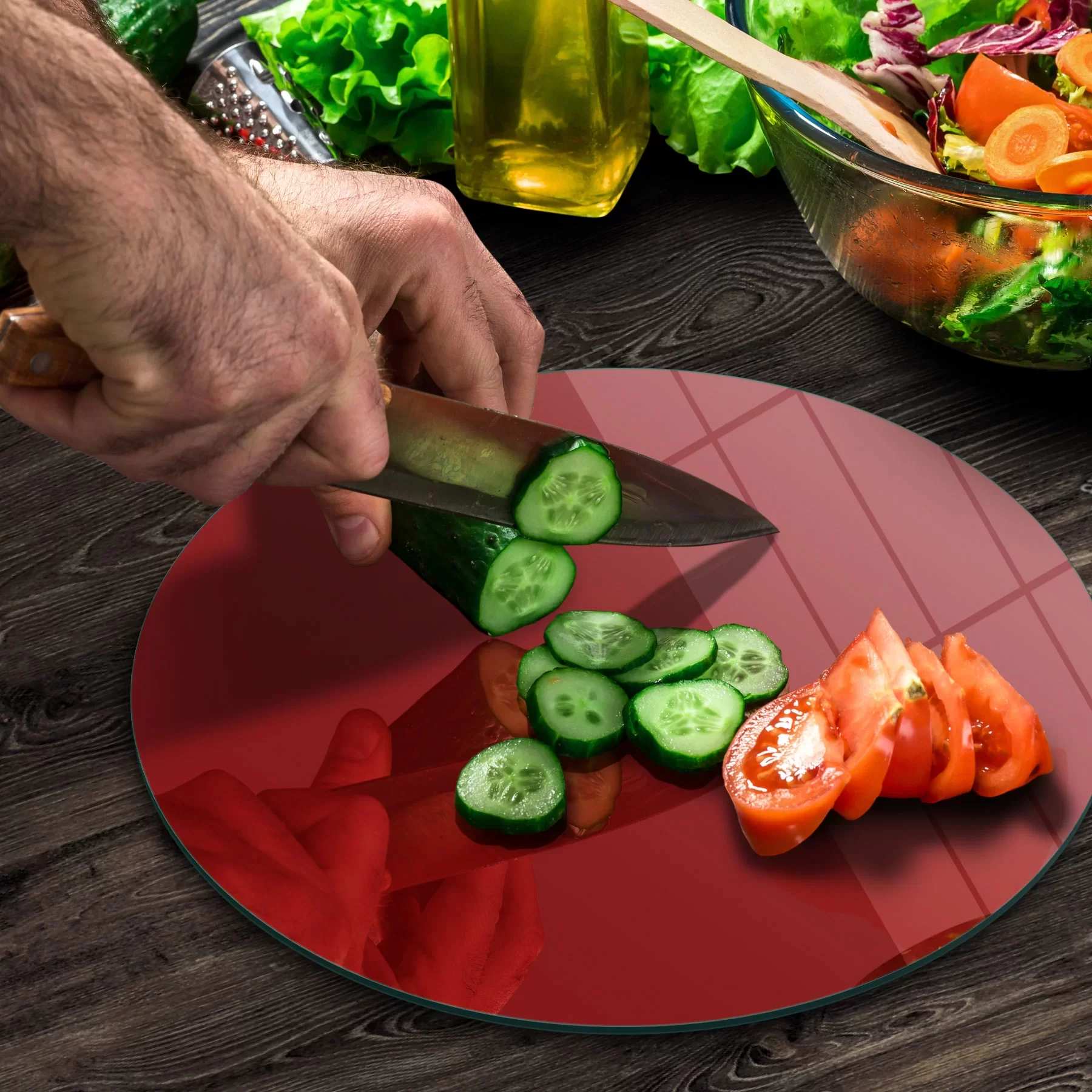 Picture of Decovetro Cam Kesme Tahtası ve Sunumluk Yuvarlak Bordo Rengi 30x30 Cm