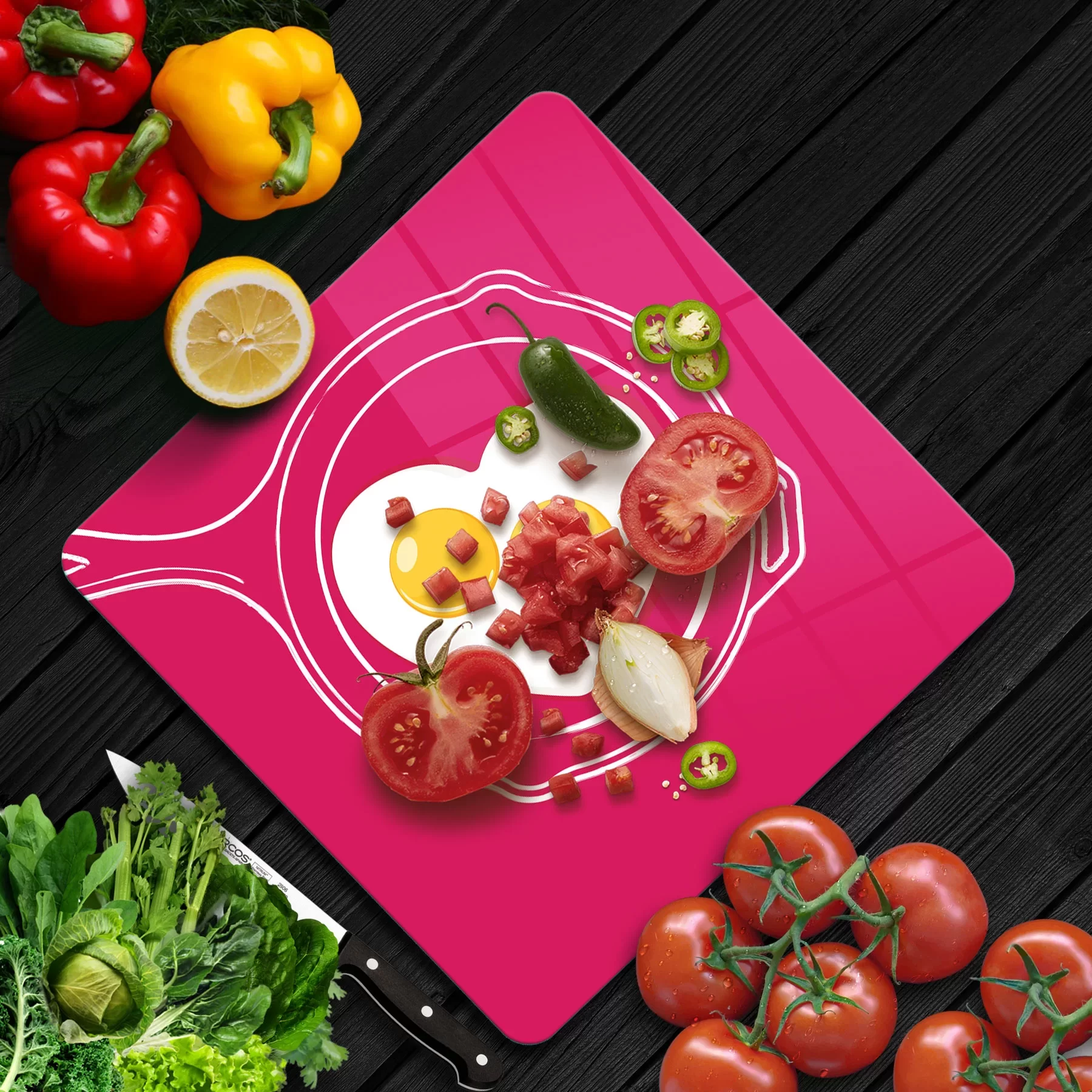 Picture of Decovetro Cam Kesme Tahtası ve Sunumluk Kare Aşk Yumurtası Desenli 30x30 Cm