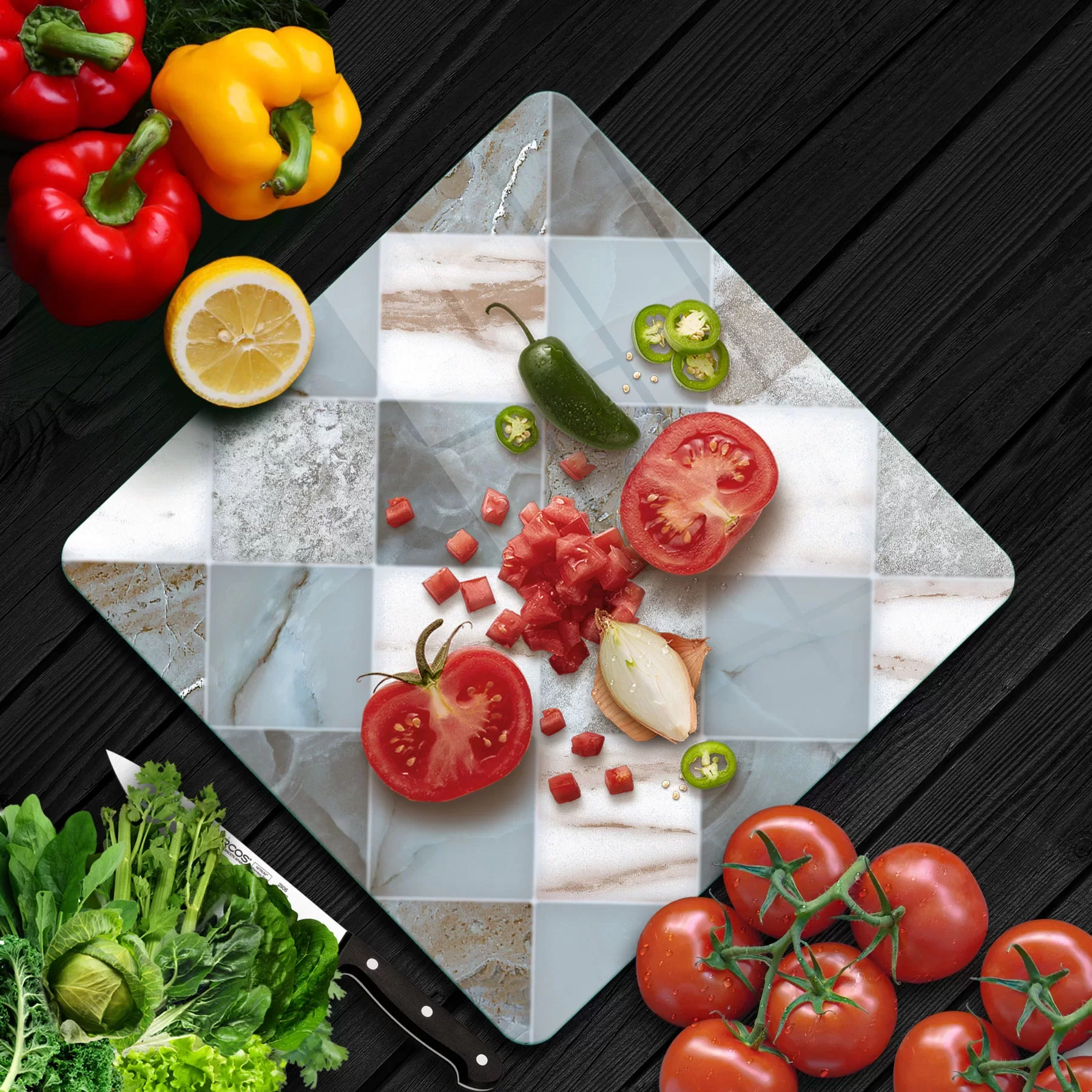 Picture of Decovetro Cam Kesme Tahtası ve Sunumluk Kare Gri Mermer Desenli 30x30 Cm