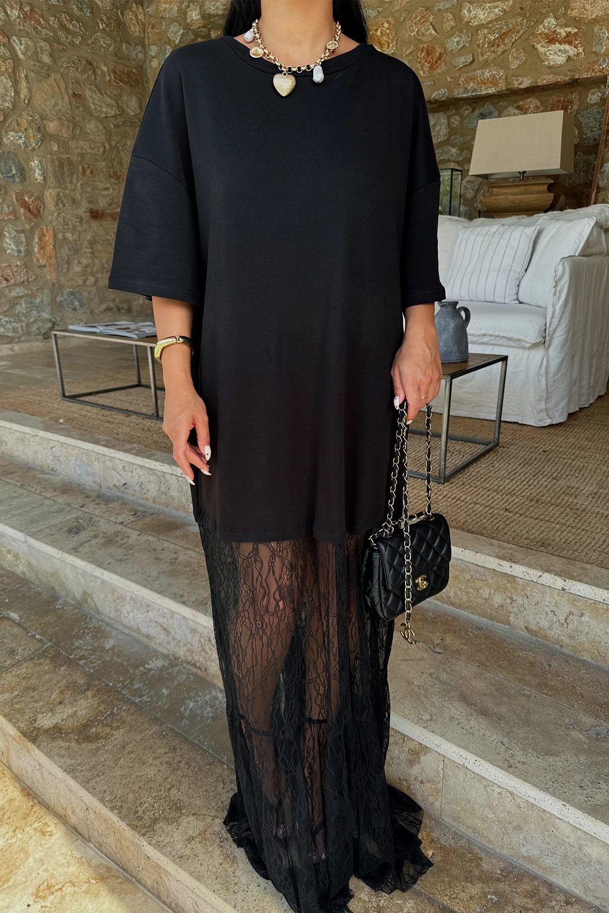 Picture of Black Lace Detail Long Dress