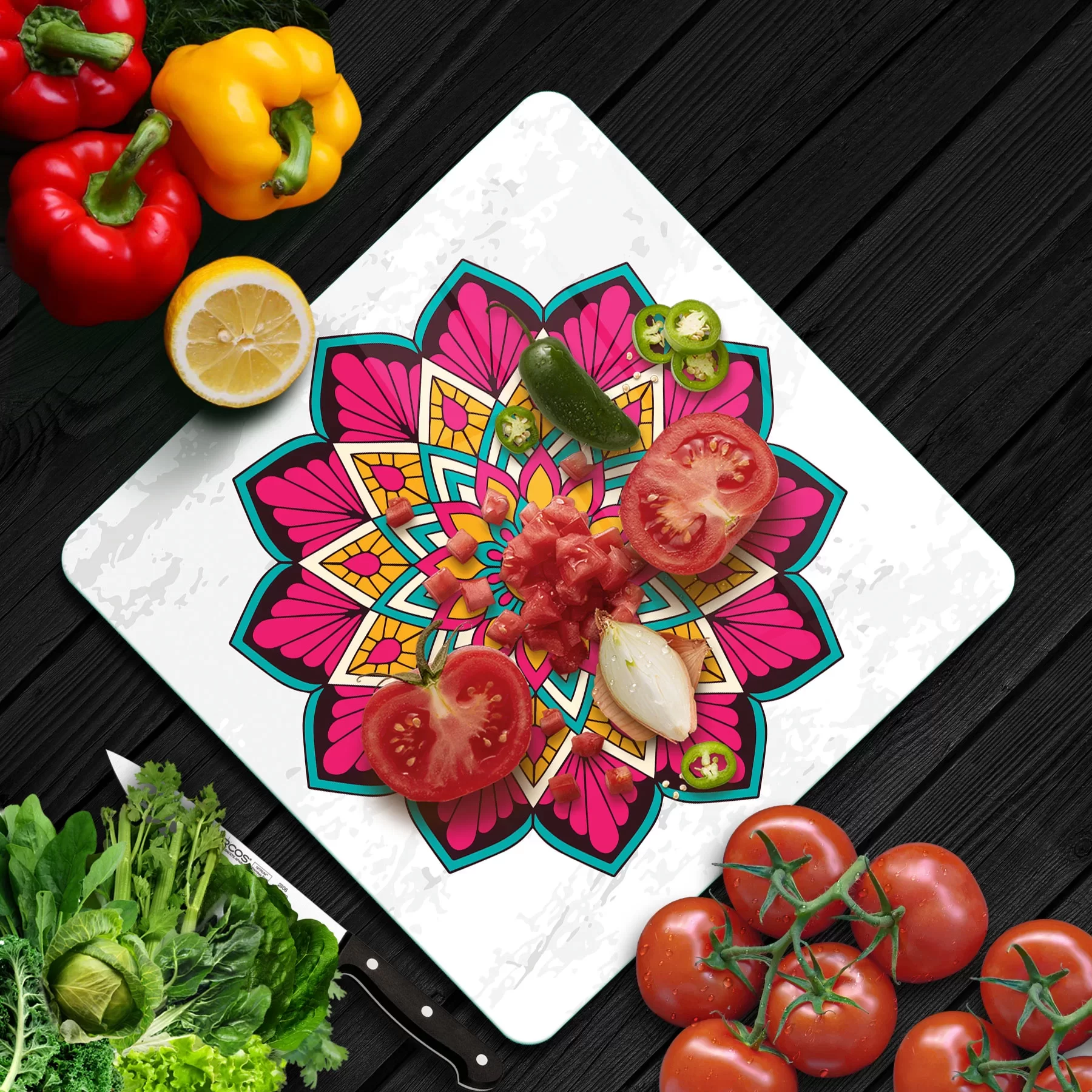 Picture of Decovetro Cam Kesme Tahtası ve Sunumluk Kare Mandala 6 Desenli 30x30 Cm