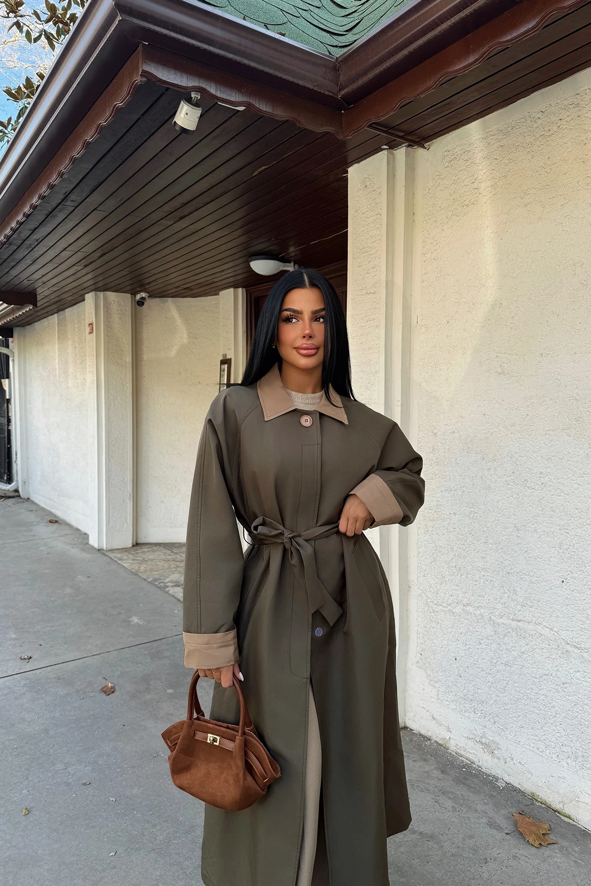 Picture of Khaki Shirt Collar Long Trench Coat