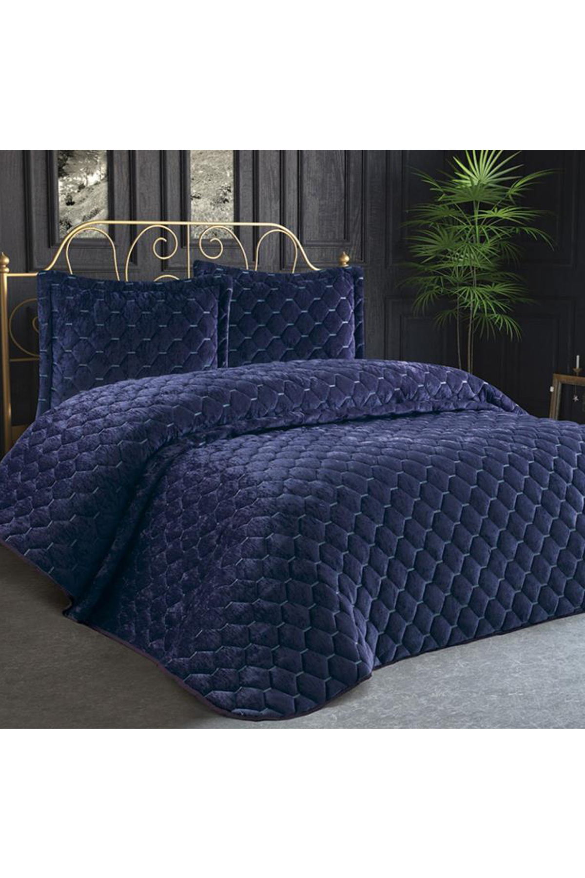 Picture of Lima Kadife Dolgulu Çift Kişilik Yatak Örtüsü Lacivert
