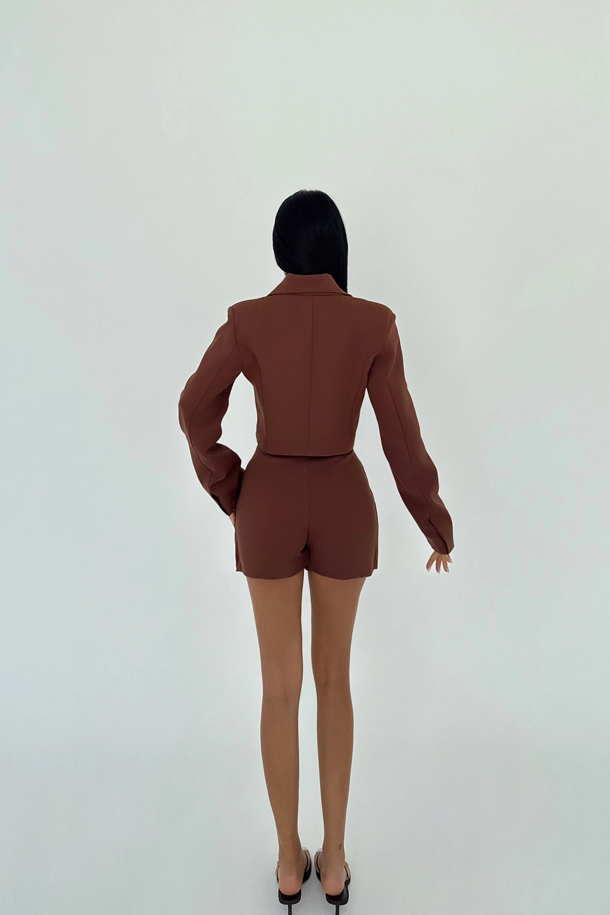 Picture of Brown Button Detail Skirt Suit