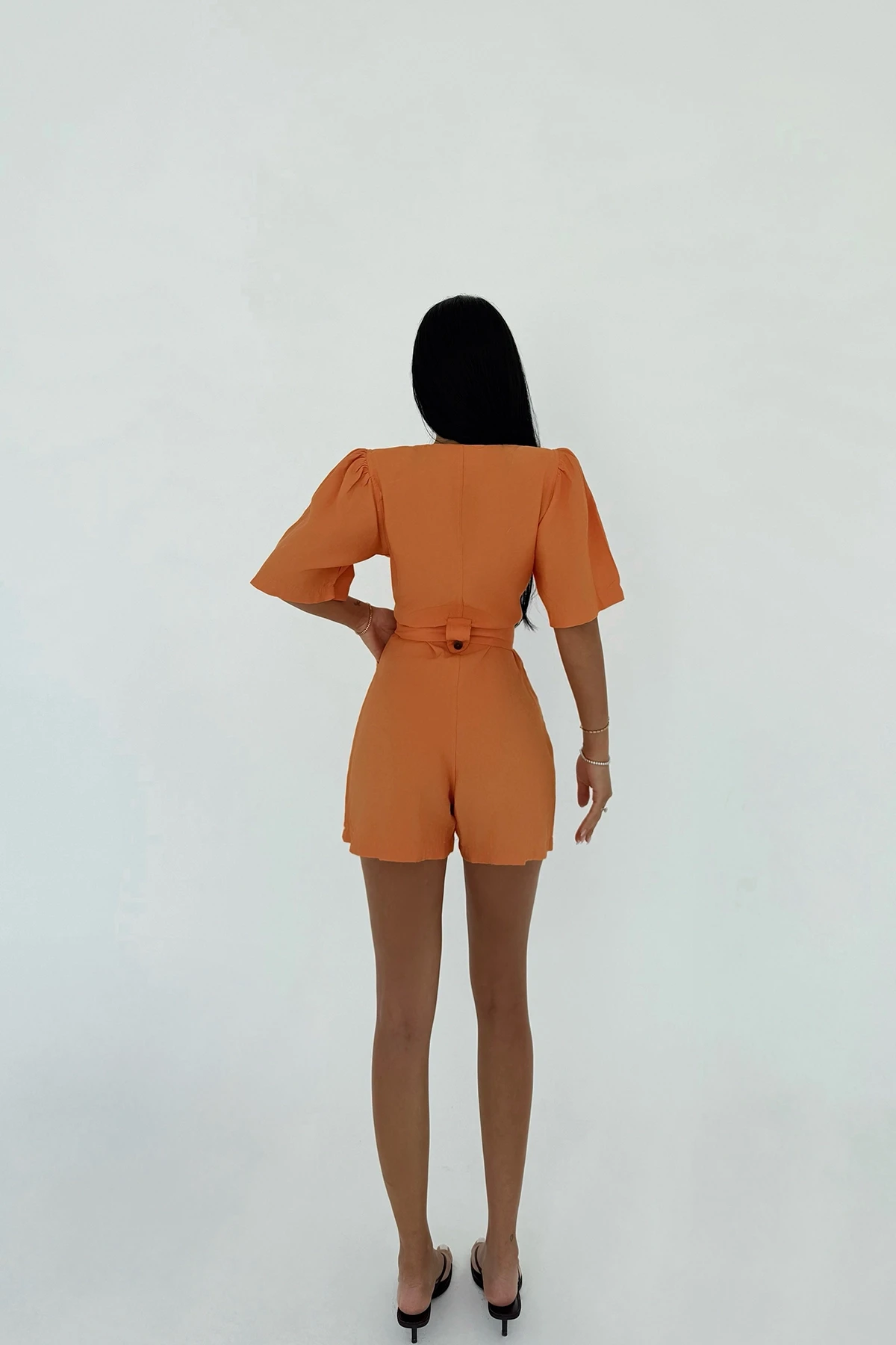 Picture of Orange Pocket Detail Buttoned Jumpsuit