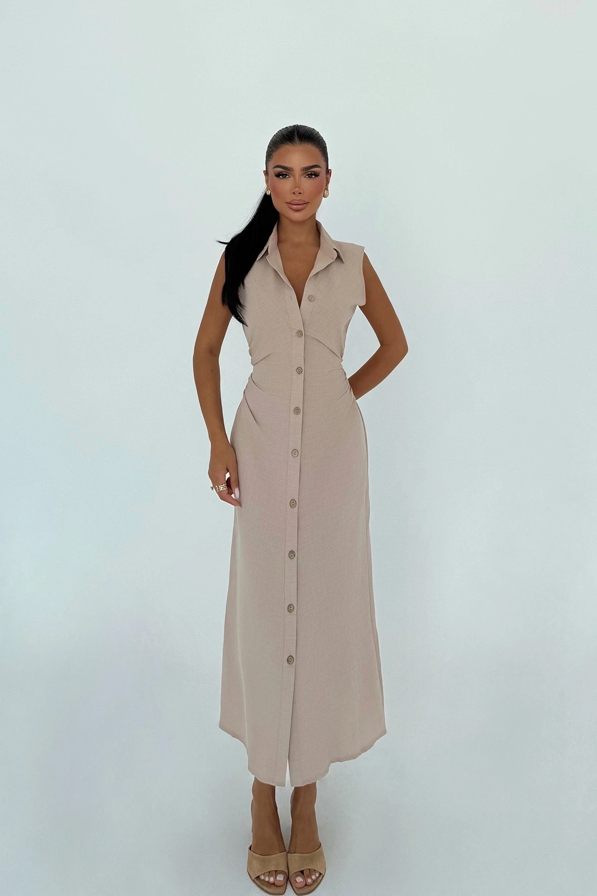 Picture of Beige Lyza Long Button-Down Dress