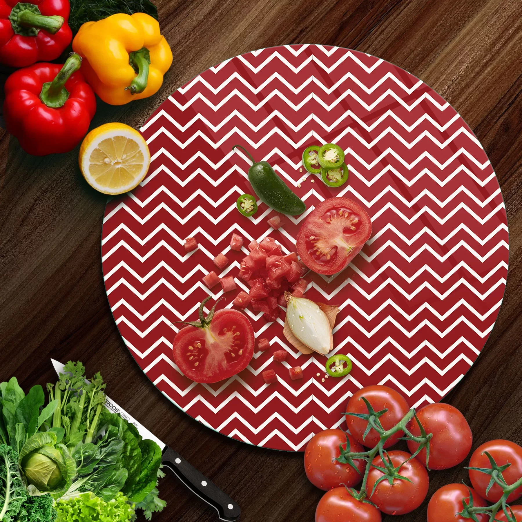 Picture of Decovetro Cam Kesme Tahtası ve Sunumluk Yuvarlak Kırmızı Beyaz Dalga Desenli 30x30 Cm