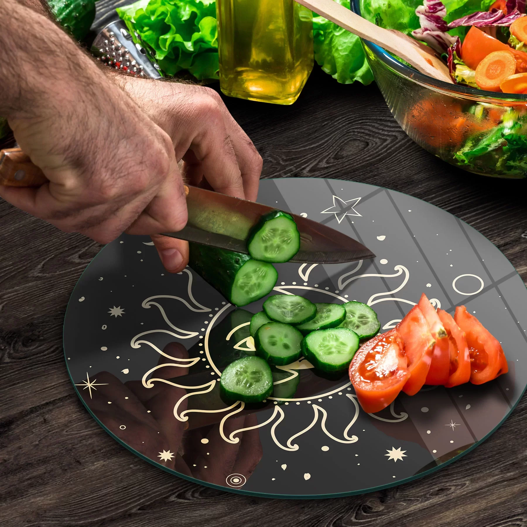 Picture of Decovetro Cam Kesme Tahtası ve Sunumluk Yuvarlak Horoscope Ay Güneş Desenli 30x30 Cm