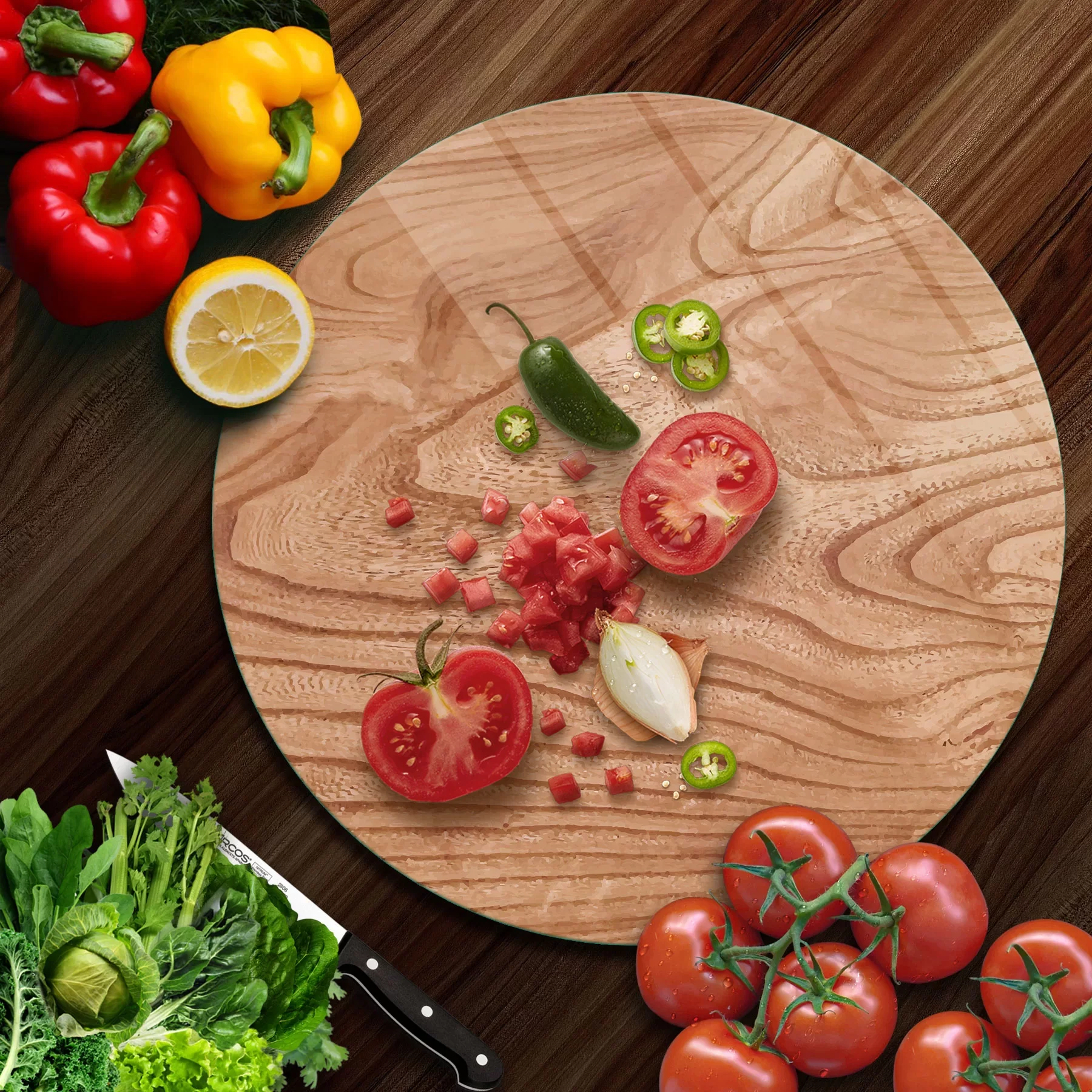 Picture of Decovetro Cam Kesme Tahtası ve Sunumluk Yuvarlak Dalgalı Ahşap Desenli 30x30 Cm