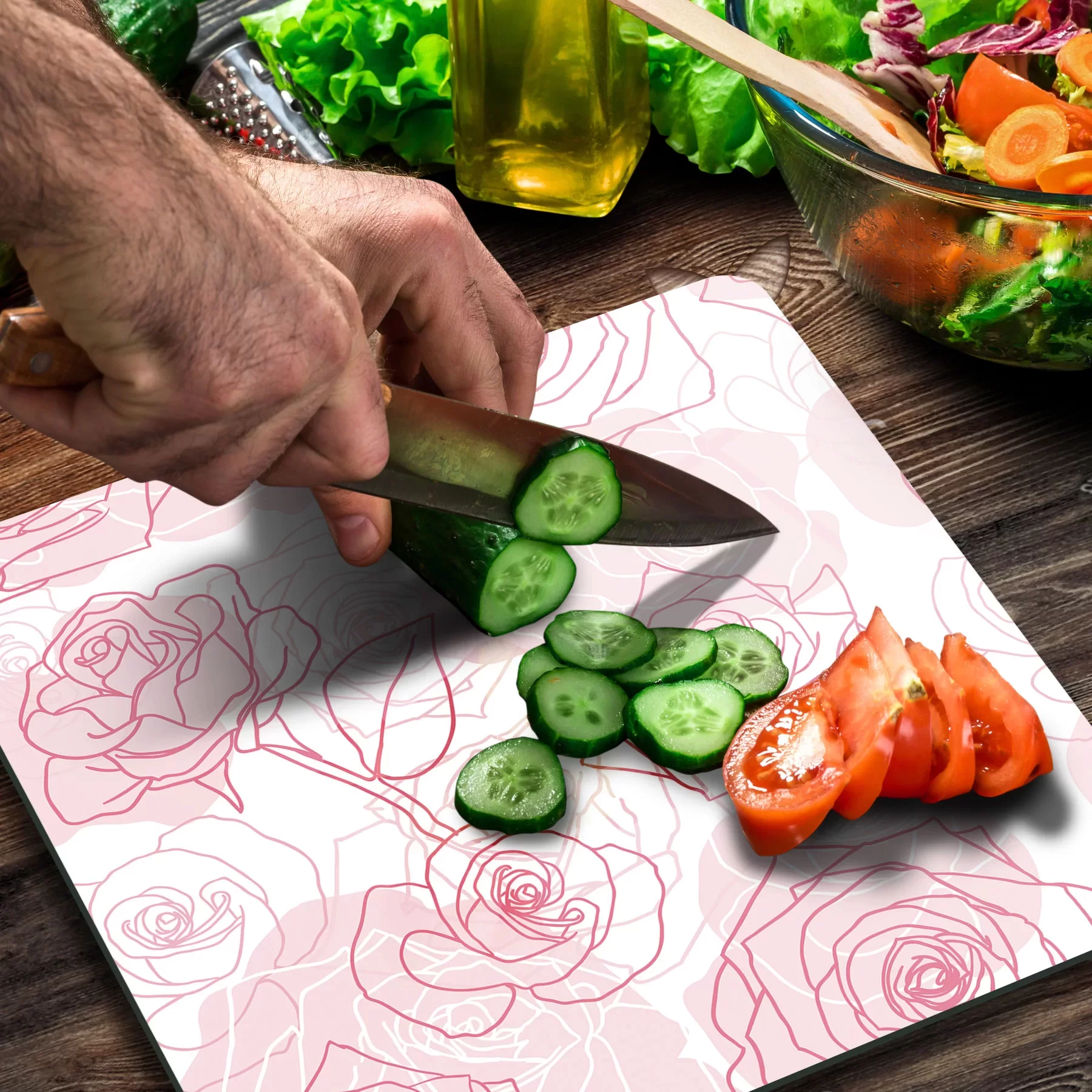 Picture of Decovetro Cam Kesme Tahtası ve Sunumluk Kare Çizgi Pembe Gül Desenli 30x30 Cm