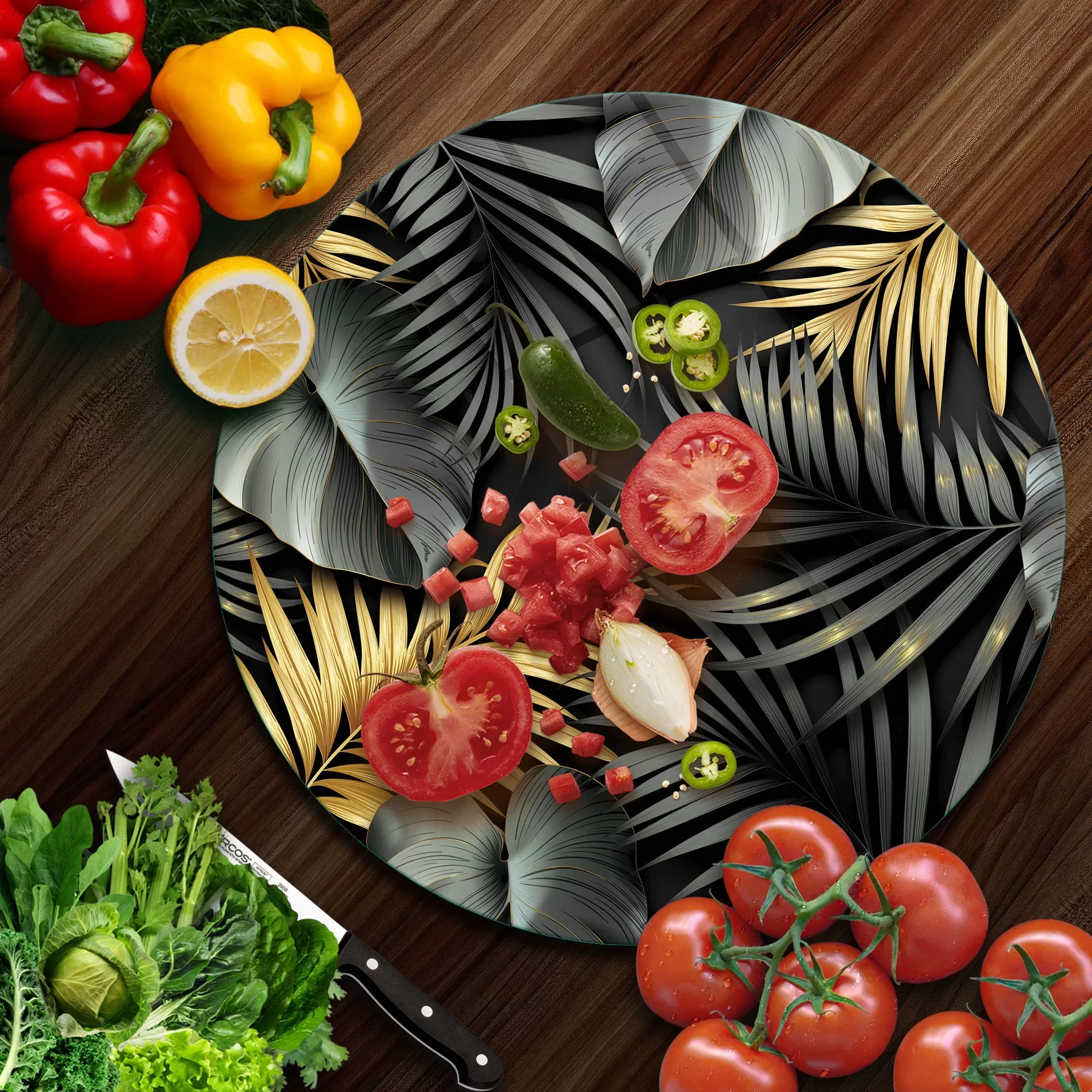 Picture of Decovetro Cam Kesme Tahtası ve Sunumluk Yuvarlak Tropik Yaprak Desenli 30x30 Cm