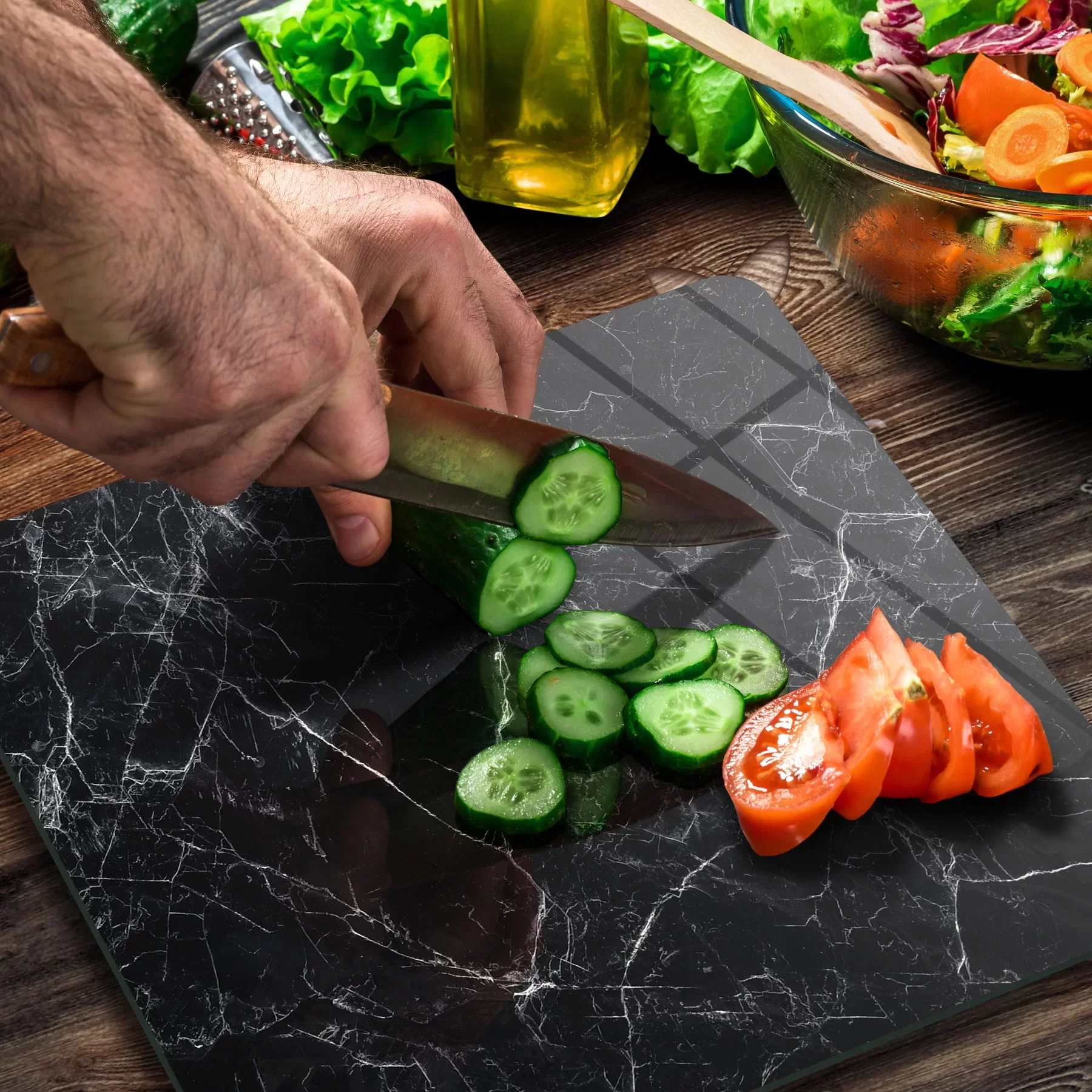 Picture of Decovetro Cam Kesme Tahtası ve Sunumluk Kare Siyah Beyaz Mermer Desenli 30x30 Cm