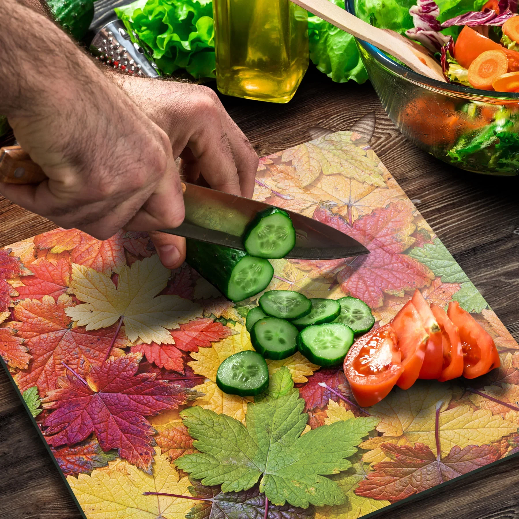 Picture of Decovetro Cam Kesme Tahtası ve Sunumluk Kare Sonbahar Yaprak Desenli 30x30 Cm