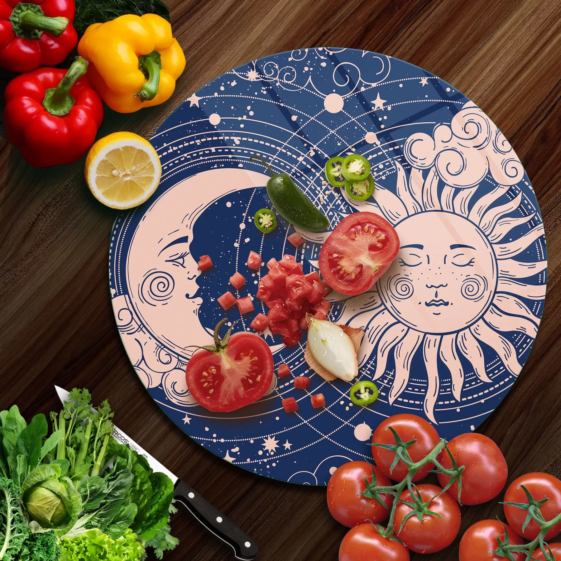 Picture of Decovetro Cam Kesme Tahtası ve Sunumluk Yuvarlak Horoscope Vintage Desenli 30x30 Cm