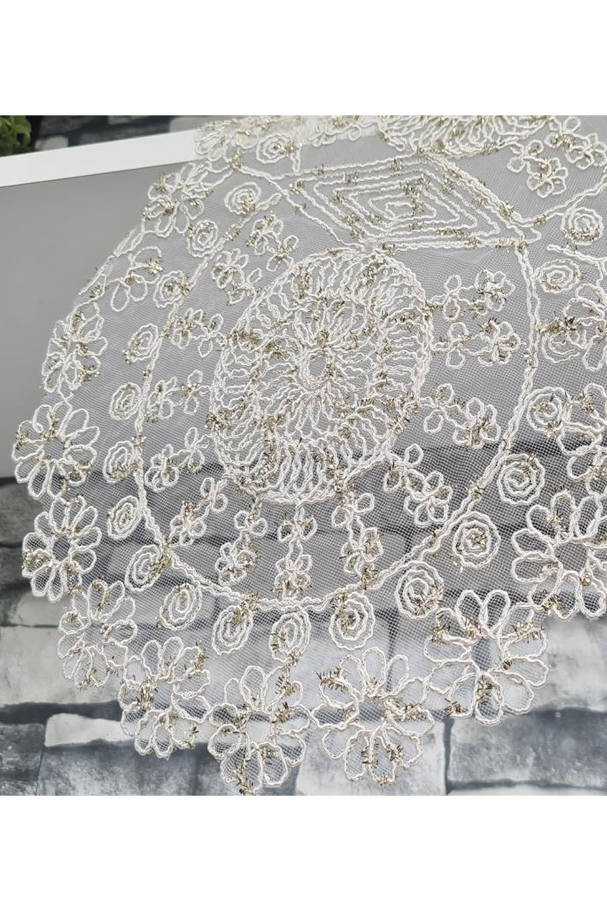 Picture of Çiçek Kordonlu 5 Parça Salon Takımı Krem - Gold