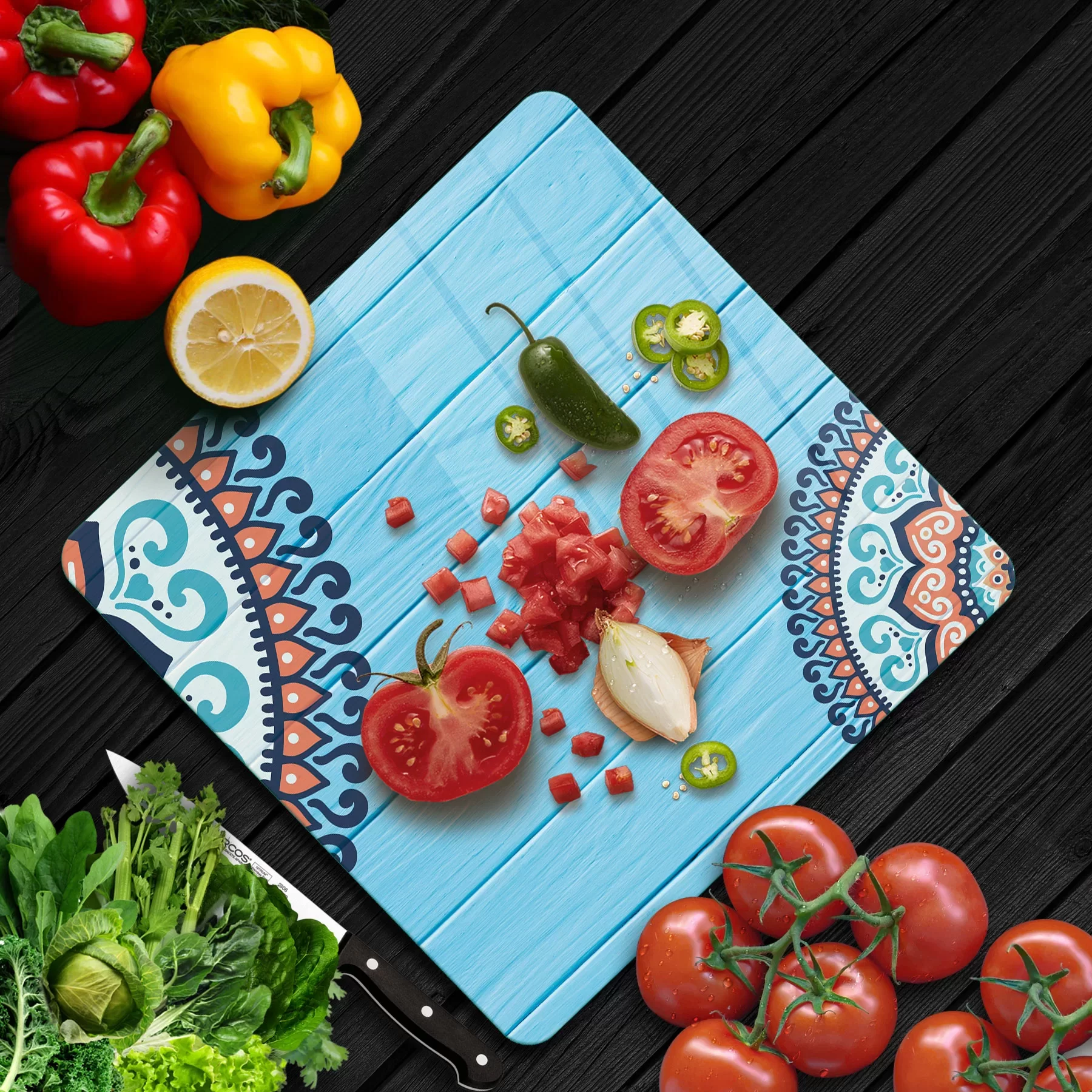 Picture of Decovetro Cam Kesme Tahtası ve Sunumluk Kare Otantik Turkuaz Desenli 30x30 Cm