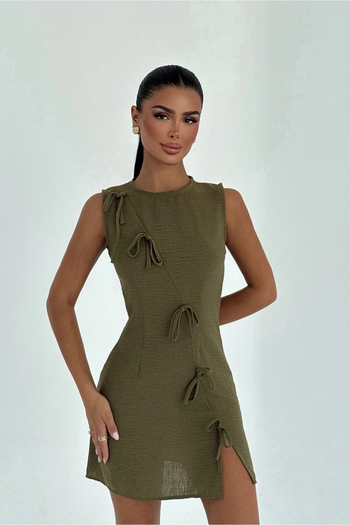 Picture of Khaki Kathy Mini Bow Dress