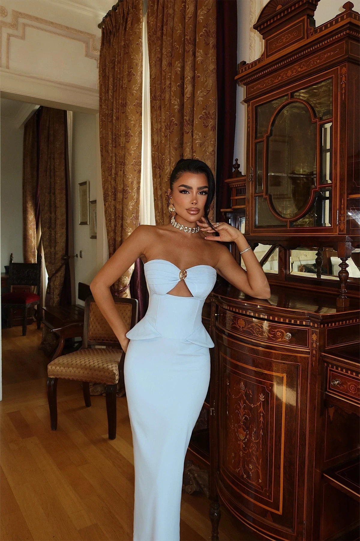 Picture of Blue Strapless Dress with Pocket Detail