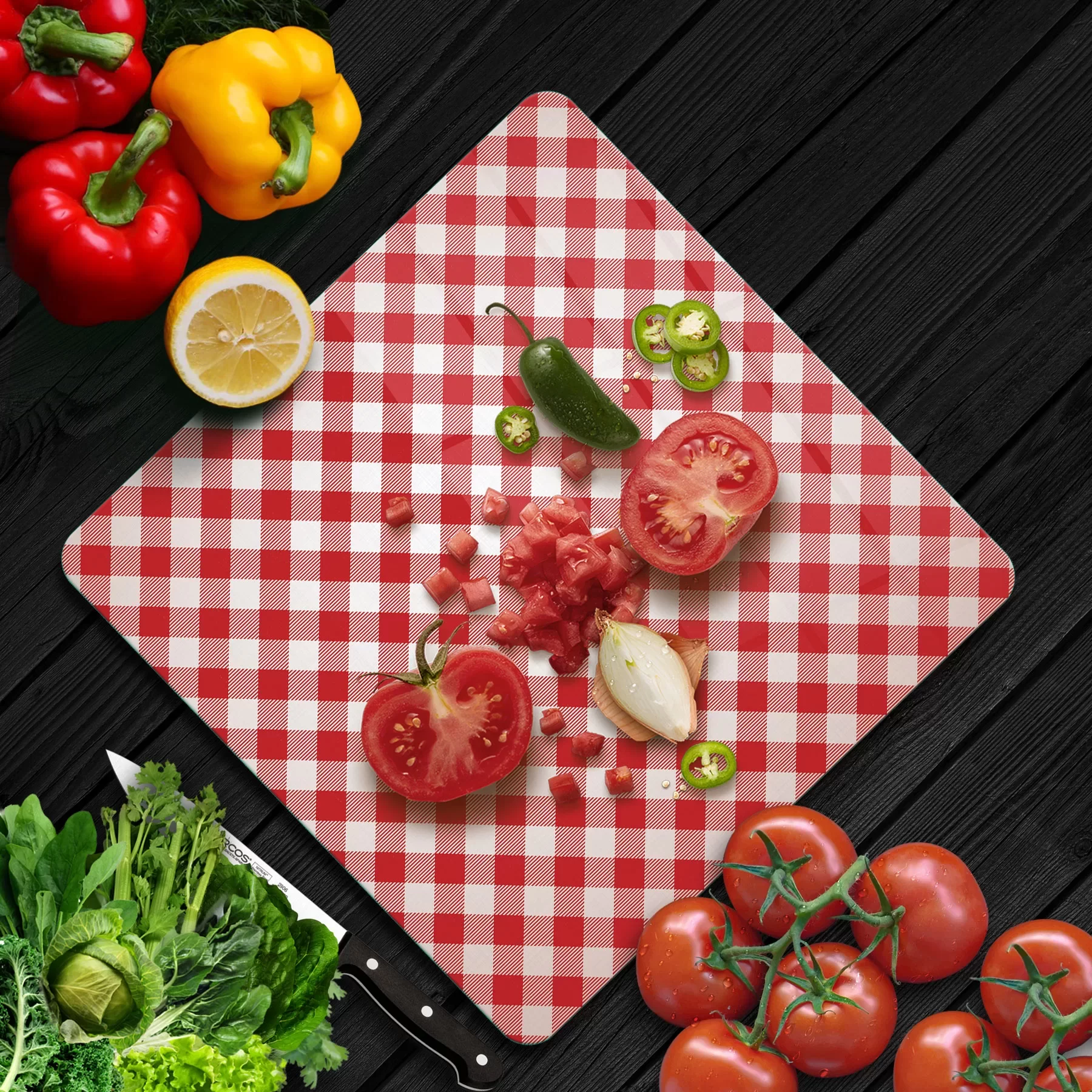 Picture of Decovetro Cam Kesme Tahtası ve Sunumluk Kare Kırmızı Beyaz Desenli 30x30 Cm