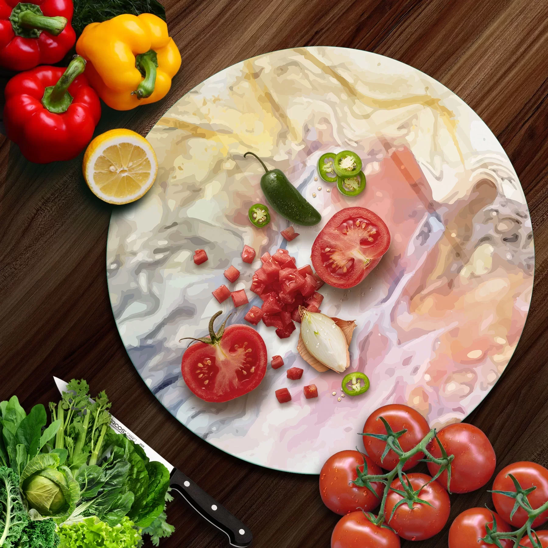 Picture of Decovetro Cam Kesme Tahtası ve Sunumluk Yuvarlak Karışık Mermer Desenli 30x30 Cm