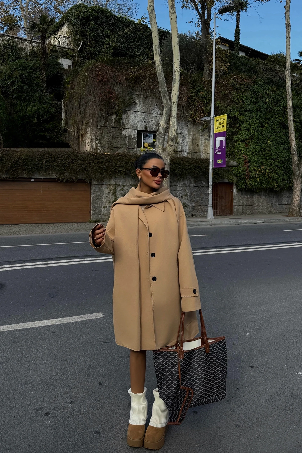 Picture of Tan Front Buttoned Belt Detail Trench Coat