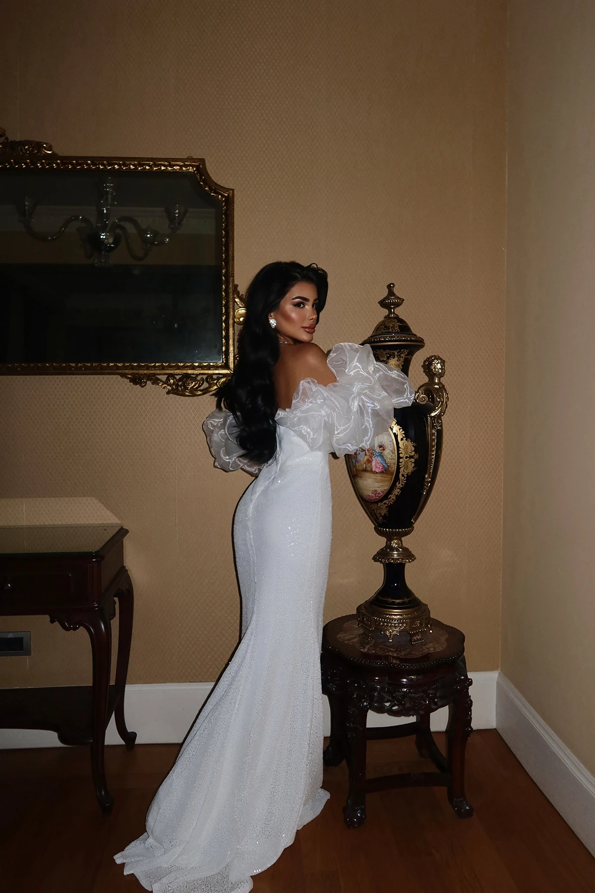 Picture of White Strap Slit Detail Evening Dress