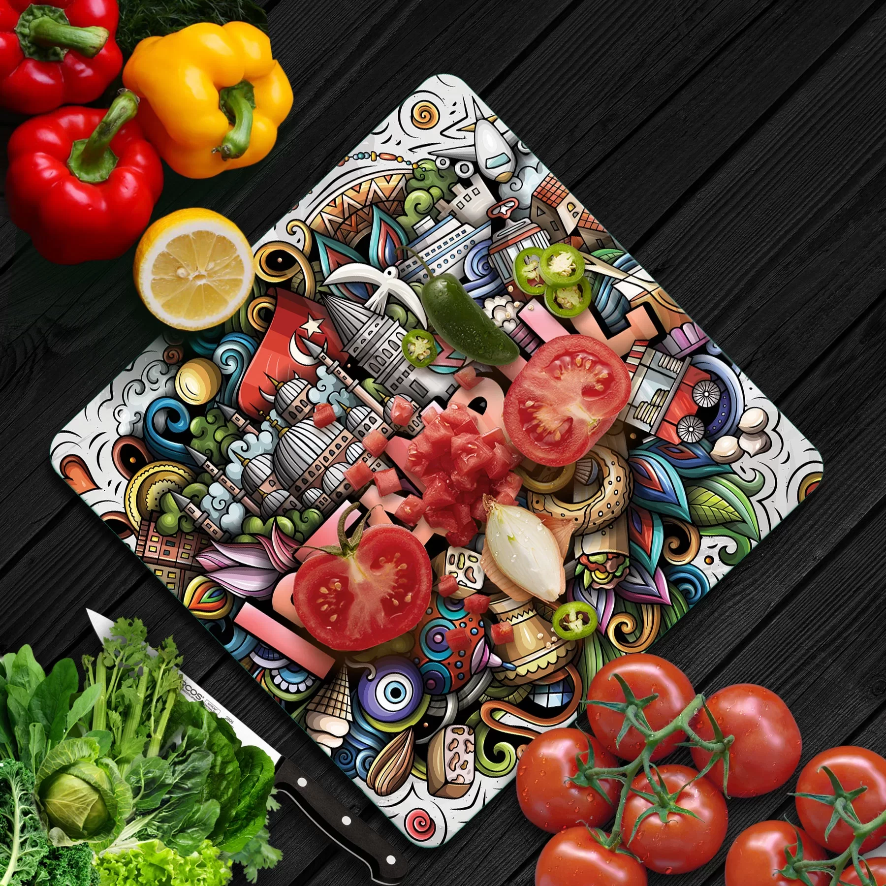 Picture of Decovetro Cam Kesme Tahtası ve Sunumluk Kare İstanbul Desenli 30x30 Cm