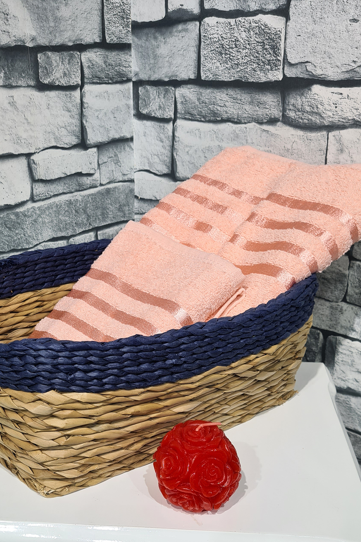 Picture of Plain %100 Pamuklu Jakarlı 2 Li Havlu Seti Somon