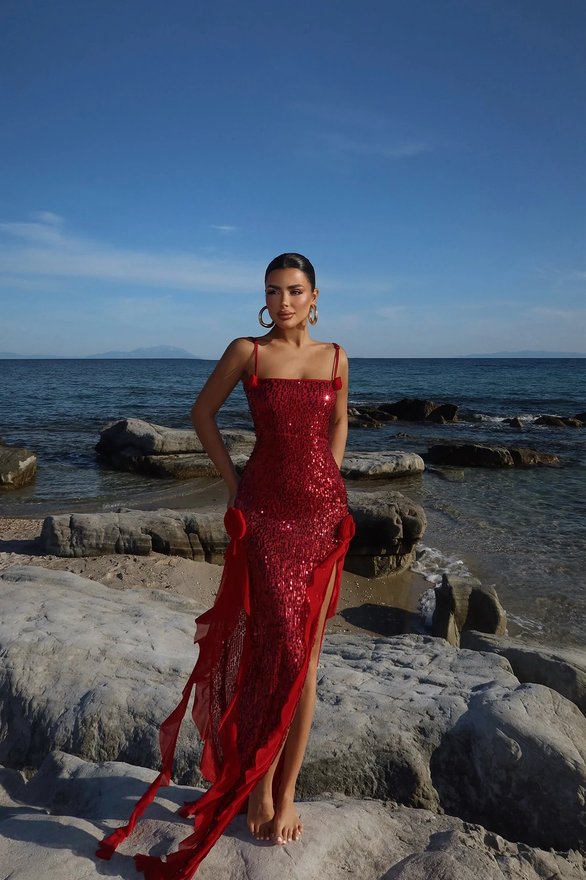 Picture of Red Paxton Sequined Long Slit Dress