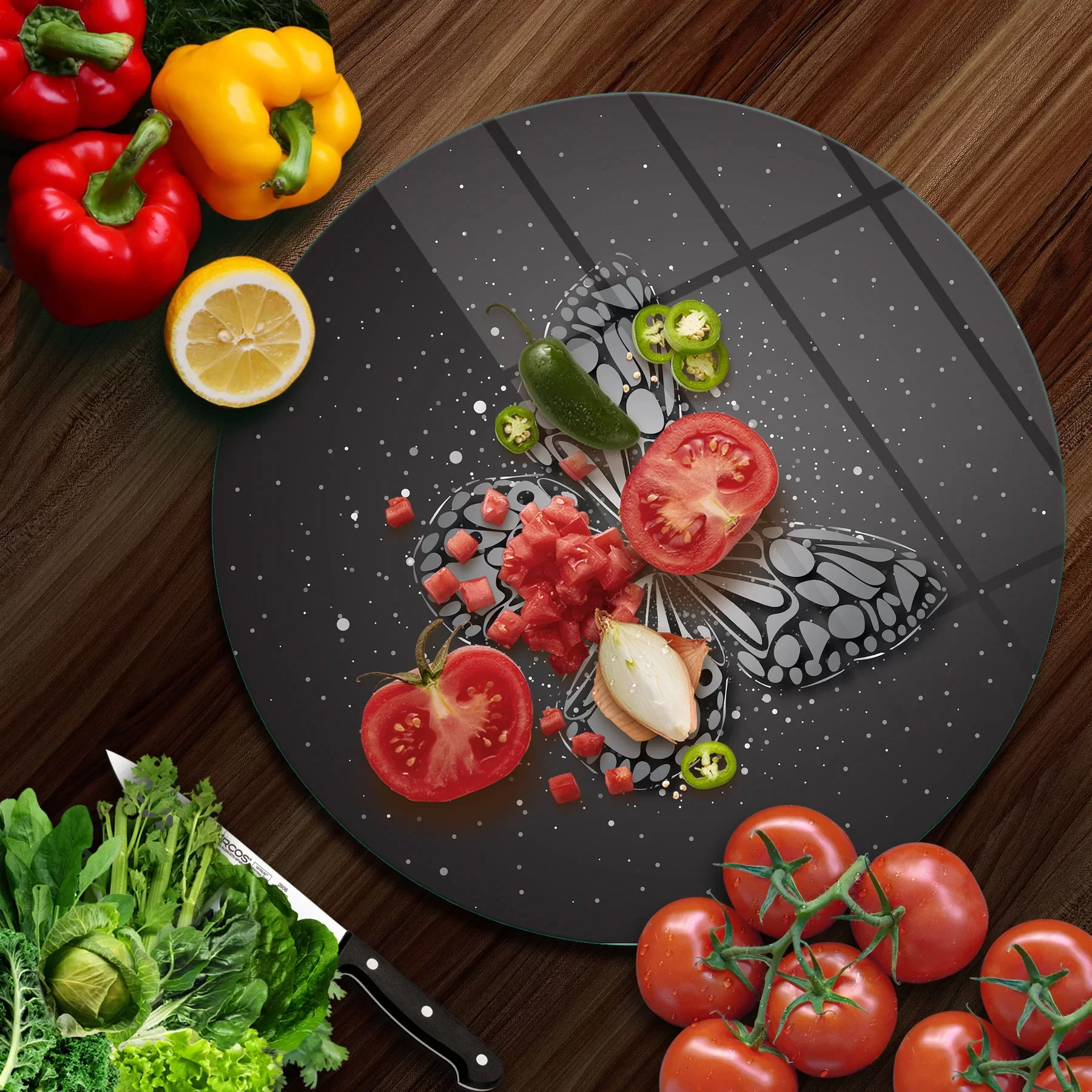 Picture of Decovetro Cam Kesme Tahtası ve Sunumluk Yuvarlak Black Kelebek Desenli 30x30 Cm