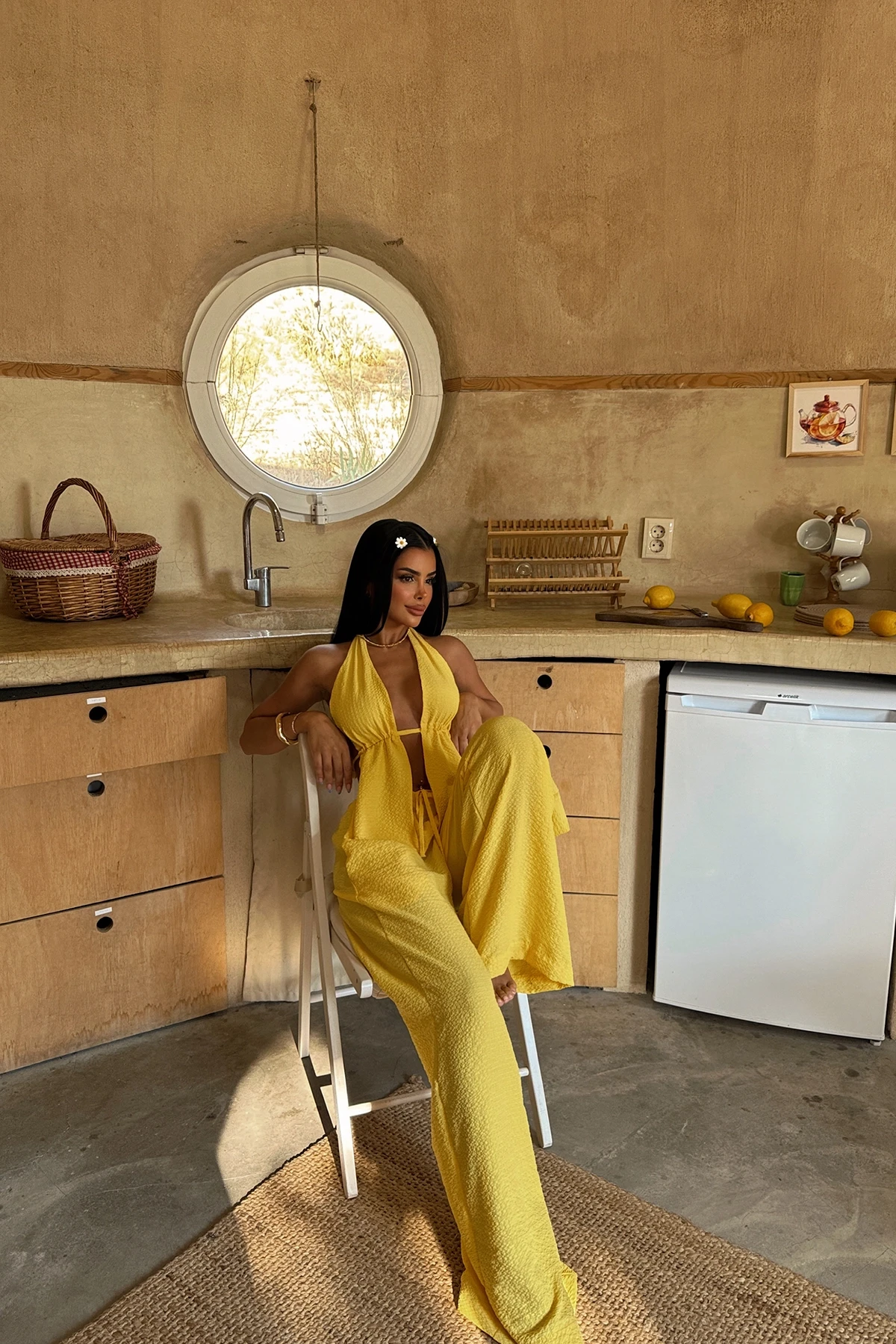 Picture of Yellow Corset Detailed Crop Trouser Set