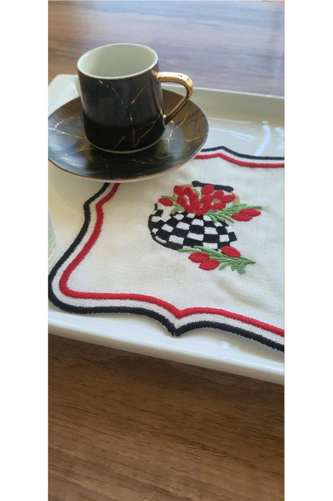 Picture of Çaycım Nakışlı Keten Kare Bardak Altlığı Seti 6 Lı