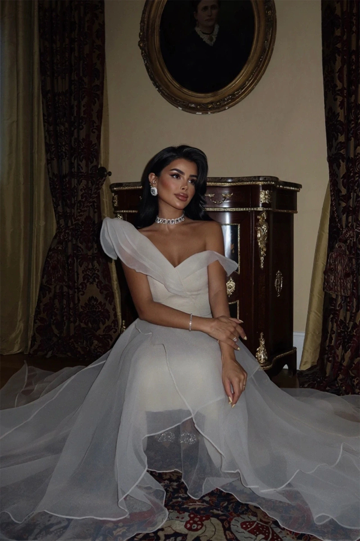 Picture of Beige Tulle Detail Long Evening Dress