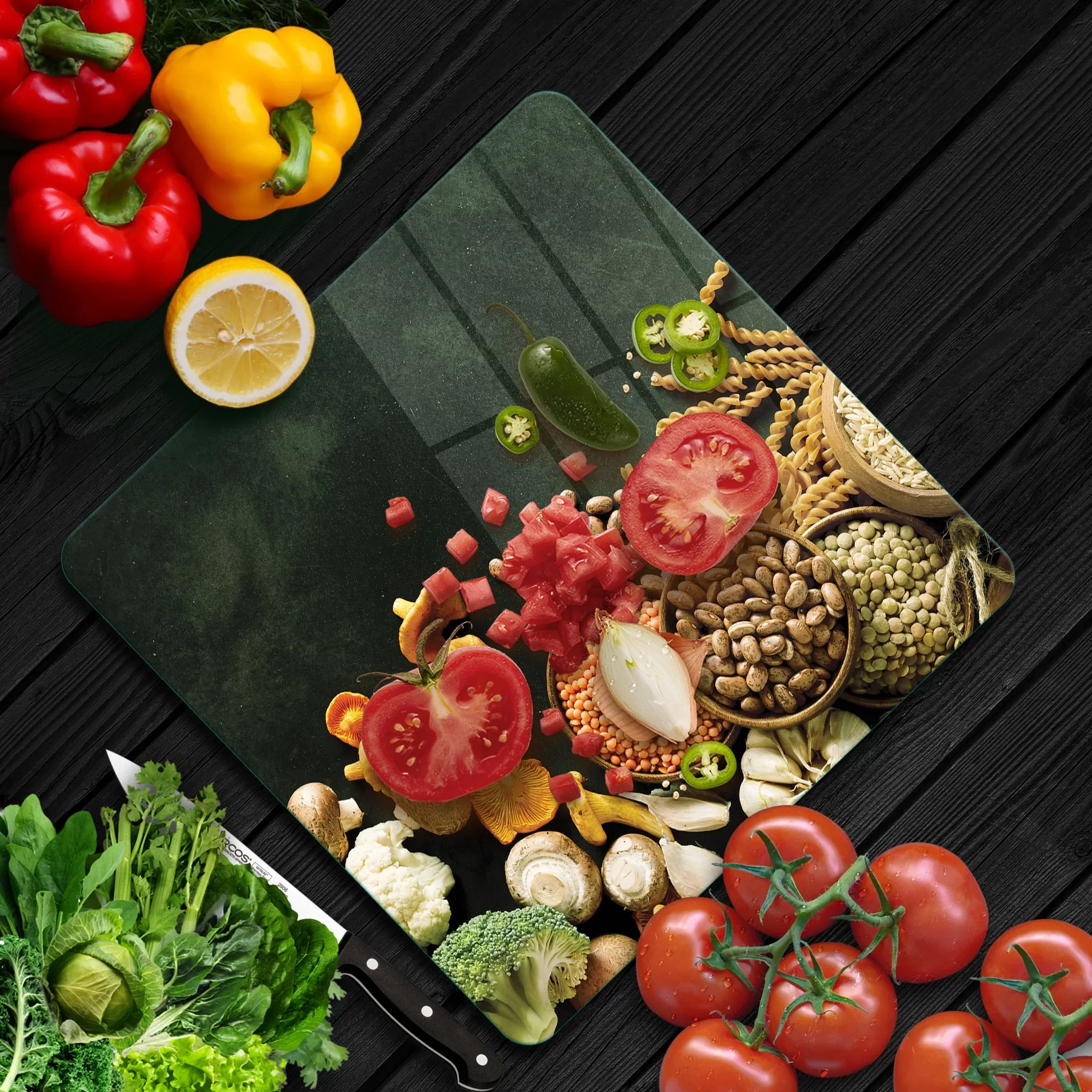 Picture of Decovetro Cam Kesme Tahtası ve Sunumluk Kare Sebzeli Desenli 30x30 Cm