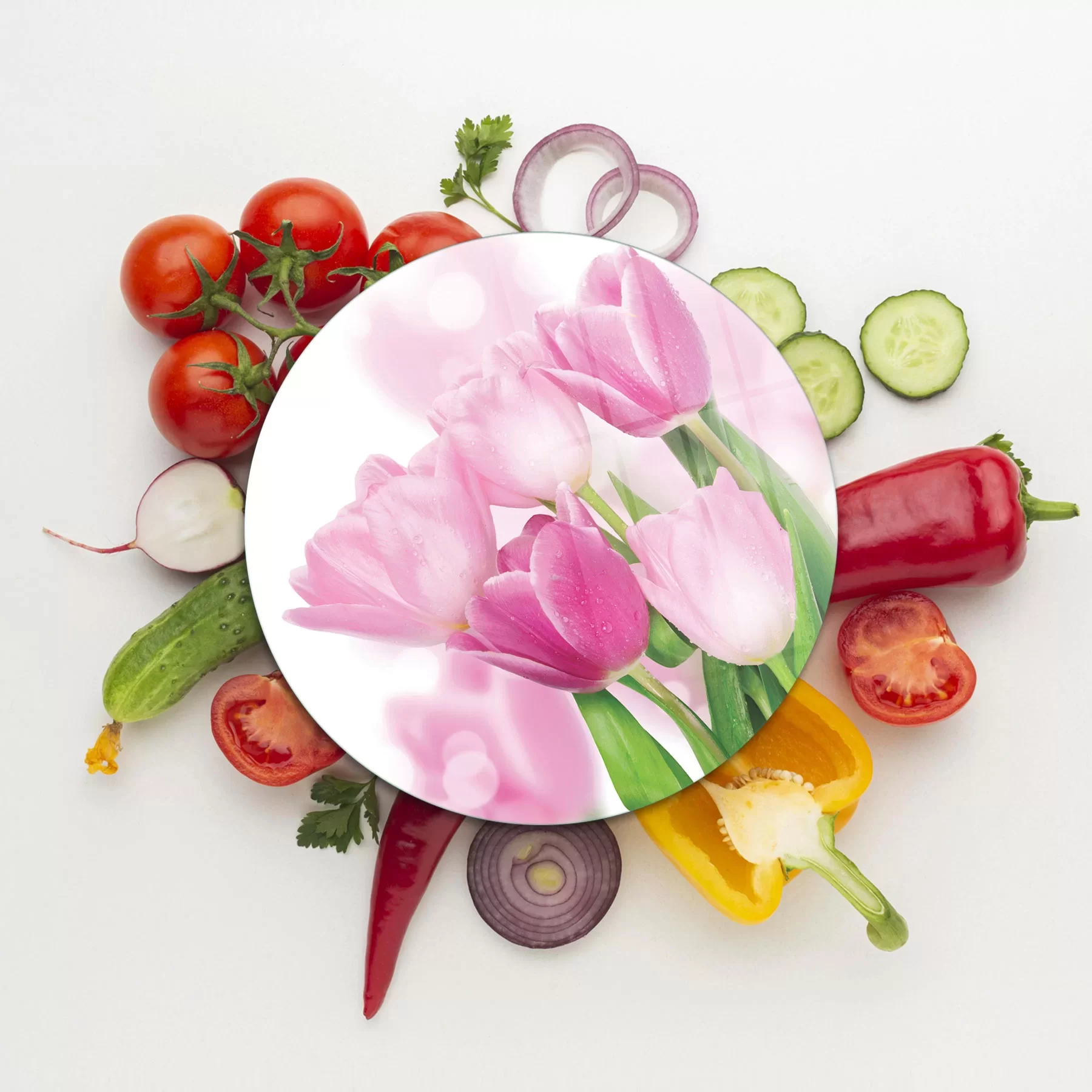 Picture of Decovetro Cam Kesme Tahtası ve Sunumluk Yuvarlak Lale Desenli 30x30 Cm