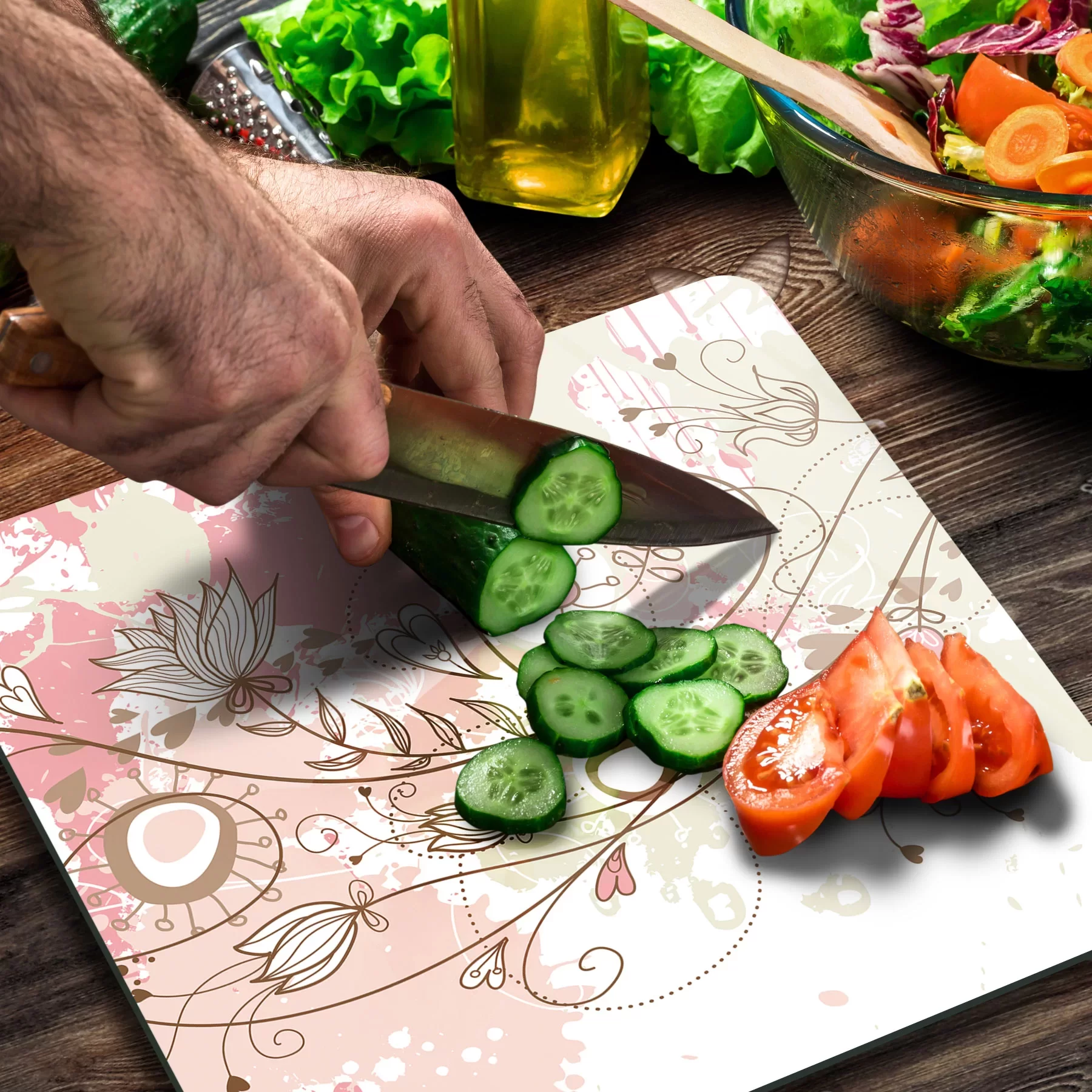 Picture of Decovetro Cam Kesme Tahtası ve Sunumluk Kare Sarmaşık Çiçeği Desenli 30x30 Cm