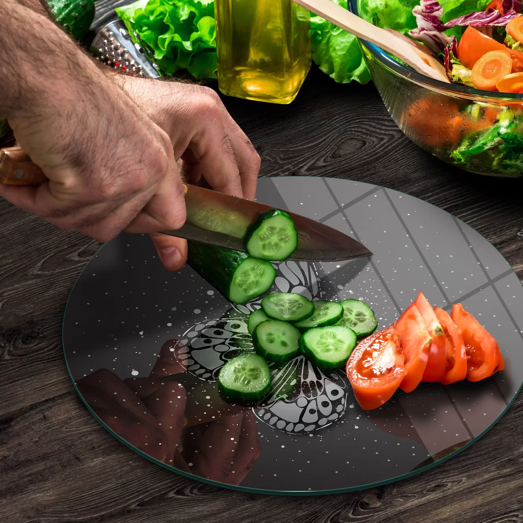 Picture of Decovetro Cam Kesme Tahtası ve Sunumluk Yuvarlak Black Kelebek Desenli 30x30 Cm