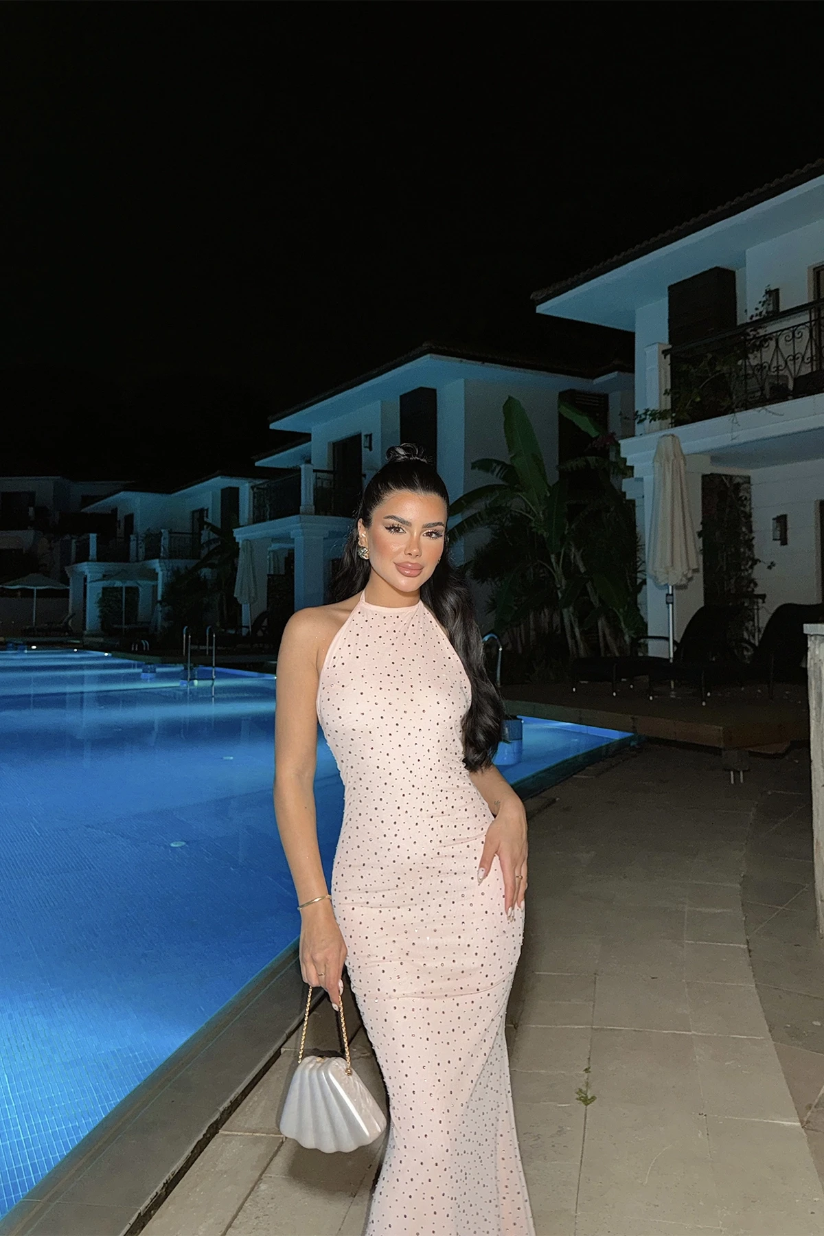 Picture of Powder Zuri Stone Detailed Long Dress