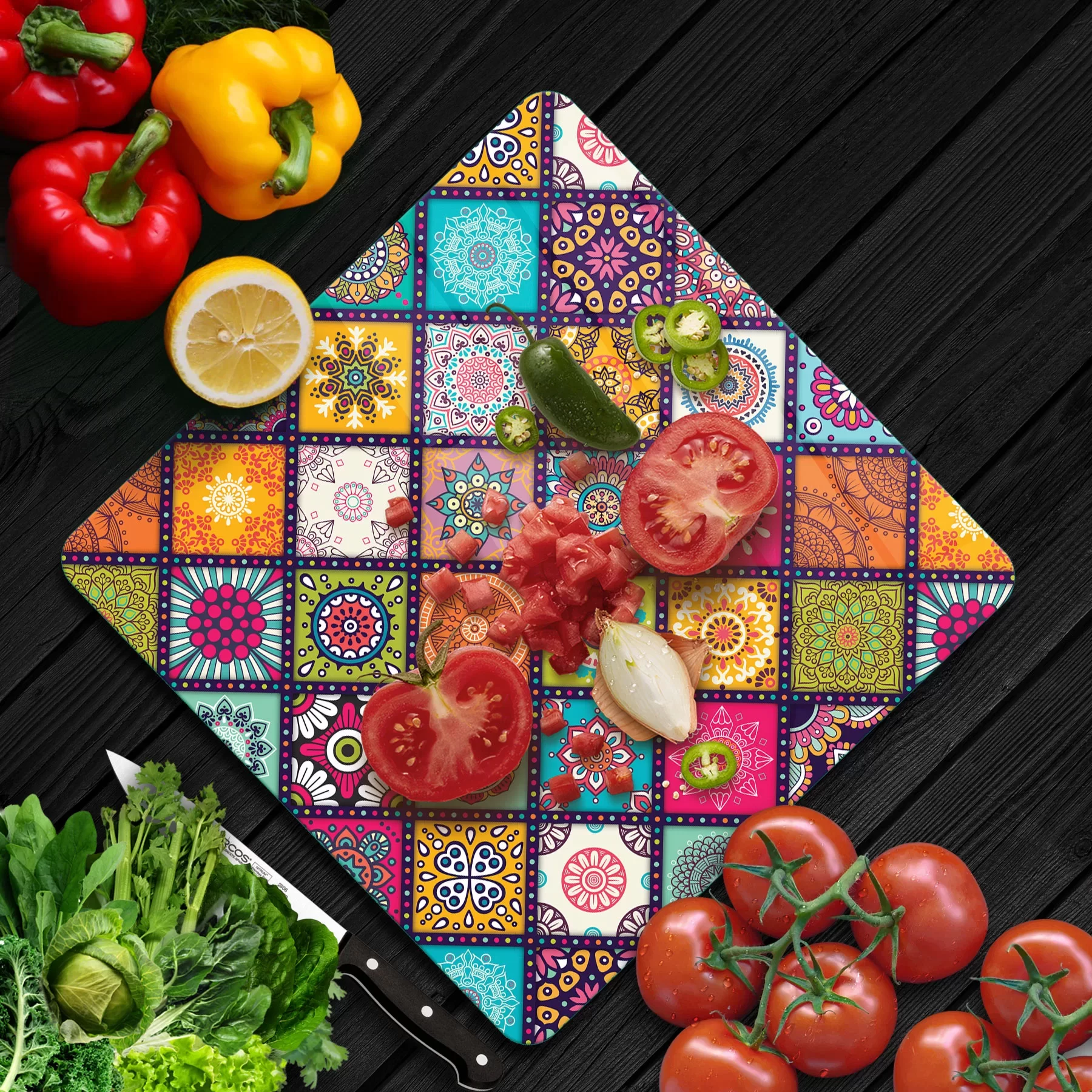 Picture of Decovetro Cam Kesme Tahtası ve Sunumluk Kare Renkli Mandala Desenli 30x30 Cm