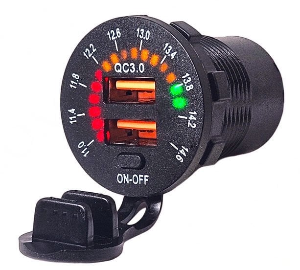 Picture of 12V 24V DC USB QC3.0 Şarj Port Kadran Voltmetreli Anahtarlı Yuvarlak MT-UP06