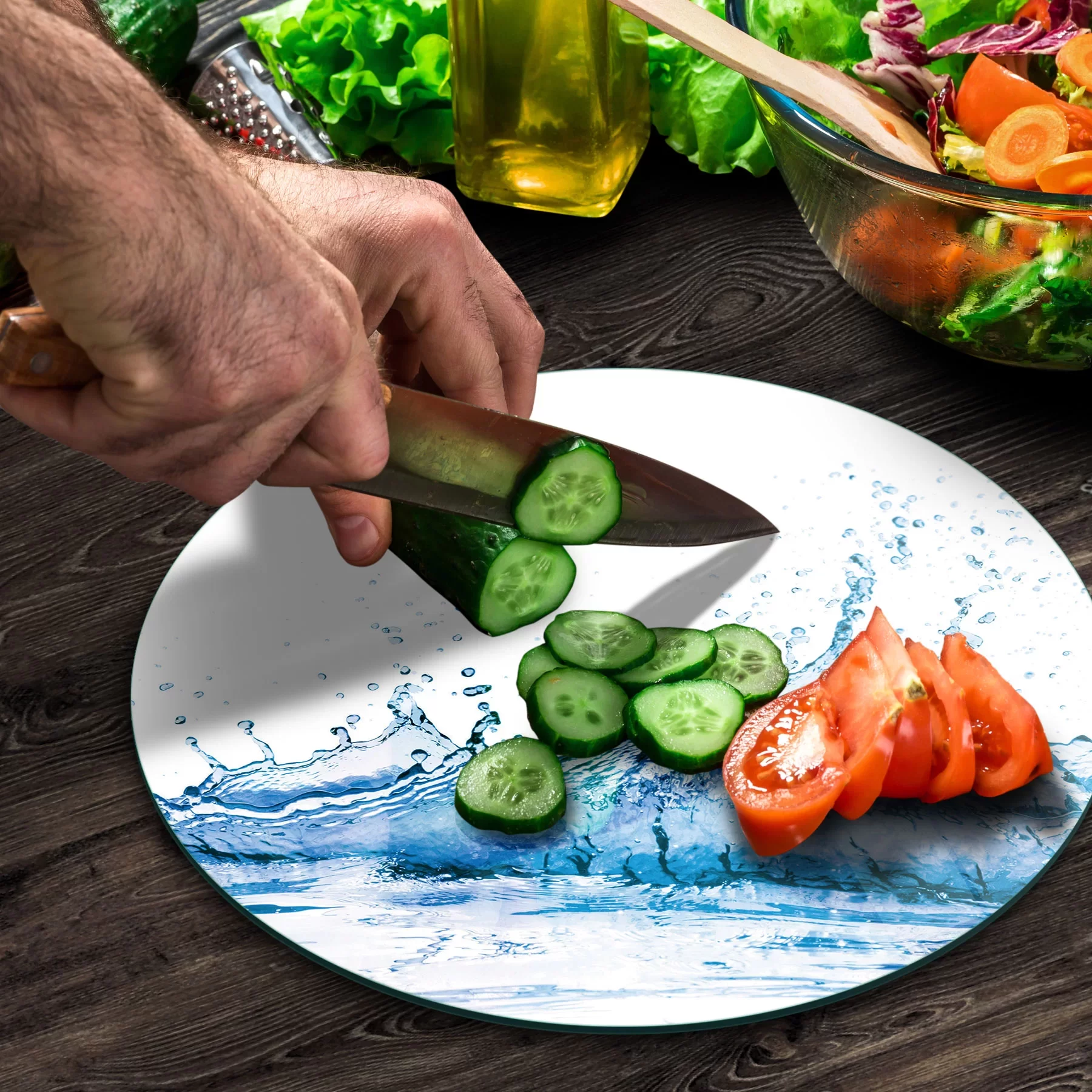 Picture of Decovetro Cam Kesme Tahtası ve Sunumluk Yuvarlak Splash Desenli 30x30 Cm