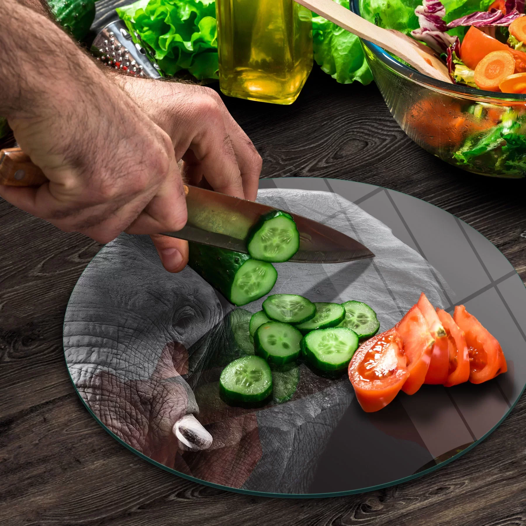 Picture of Decovetro Cam Kesme Tahtası ve Sunumluk Yuvarlak Fil Desenli 30x30 Cm