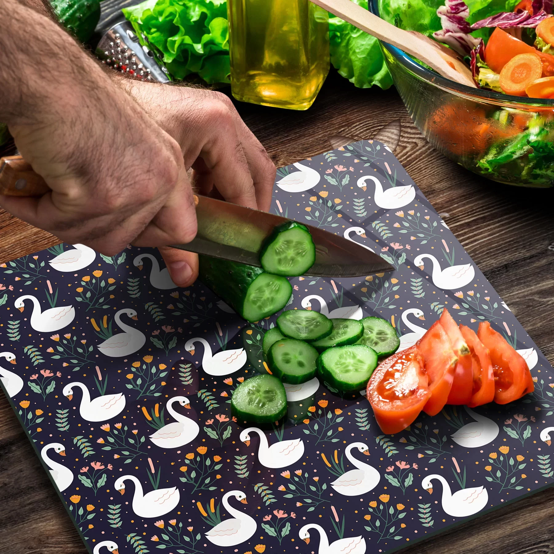 Picture of Decovetro Cam Kesme Tahtası ve Sunumluk Kare Kuğu Desenli 30x30 Cm