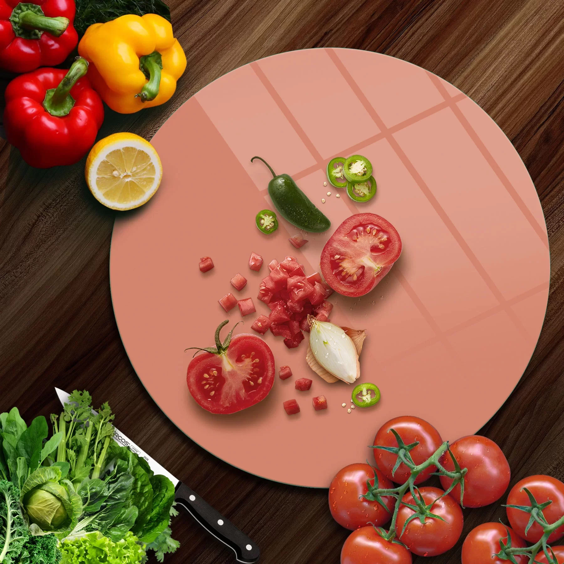 Picture of Decovetro Cam Kesme Tahtası ve Sunumluk Yuvarlak Somon Rengi 30x30 Cm