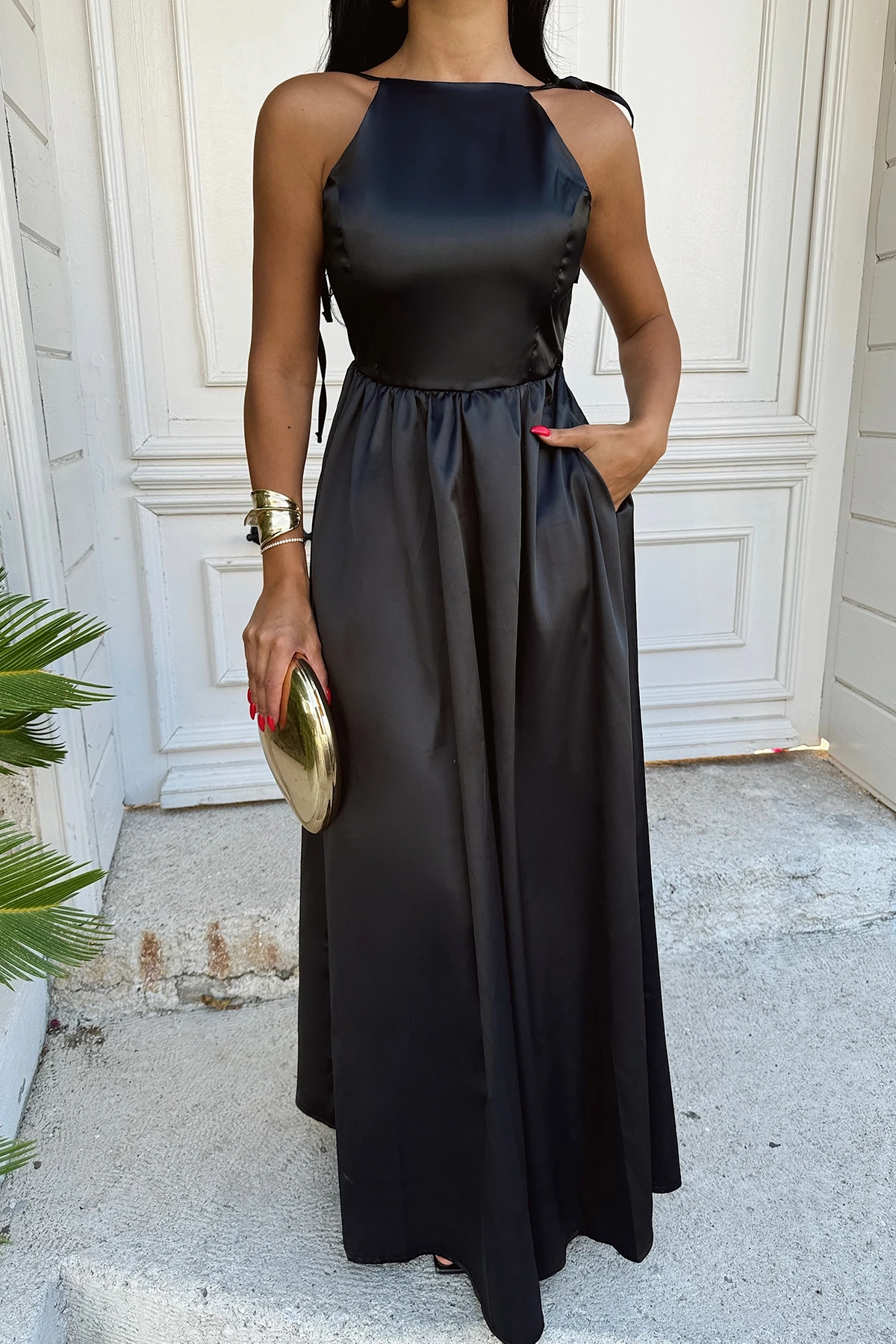 Picture of Black Satin Back Detail Long Dress
