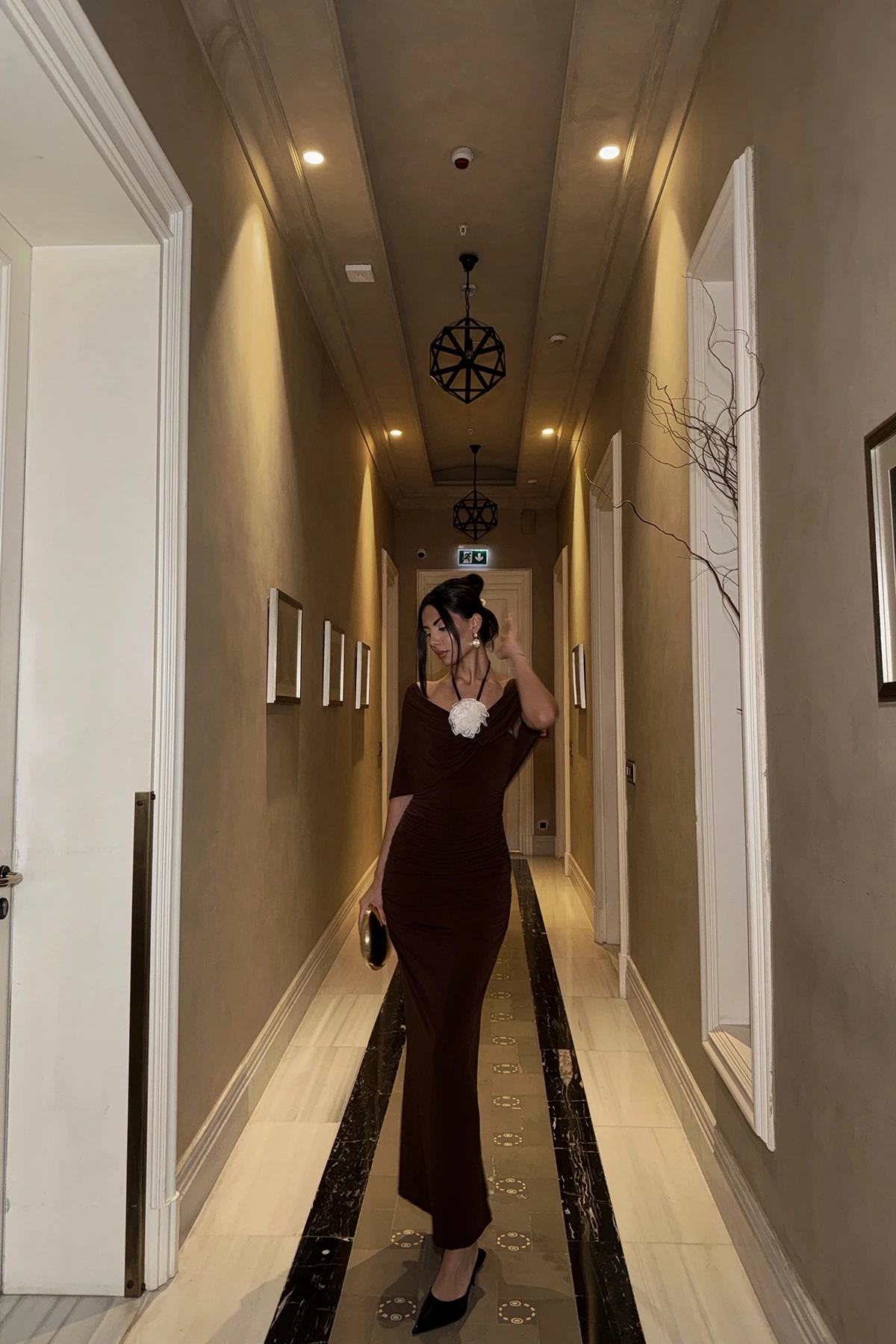 Picture of Brown Rose Detailed Skirt Suit