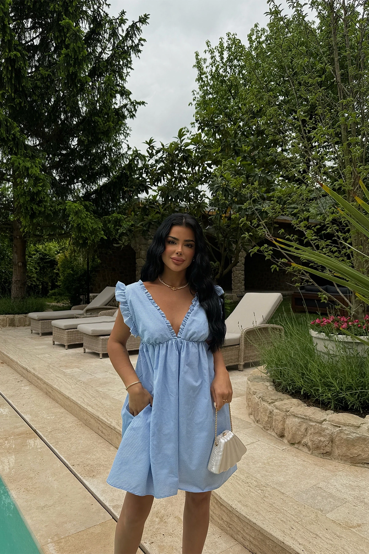 Picture of Blue Gingham Patterned Ruffle Mini Dress