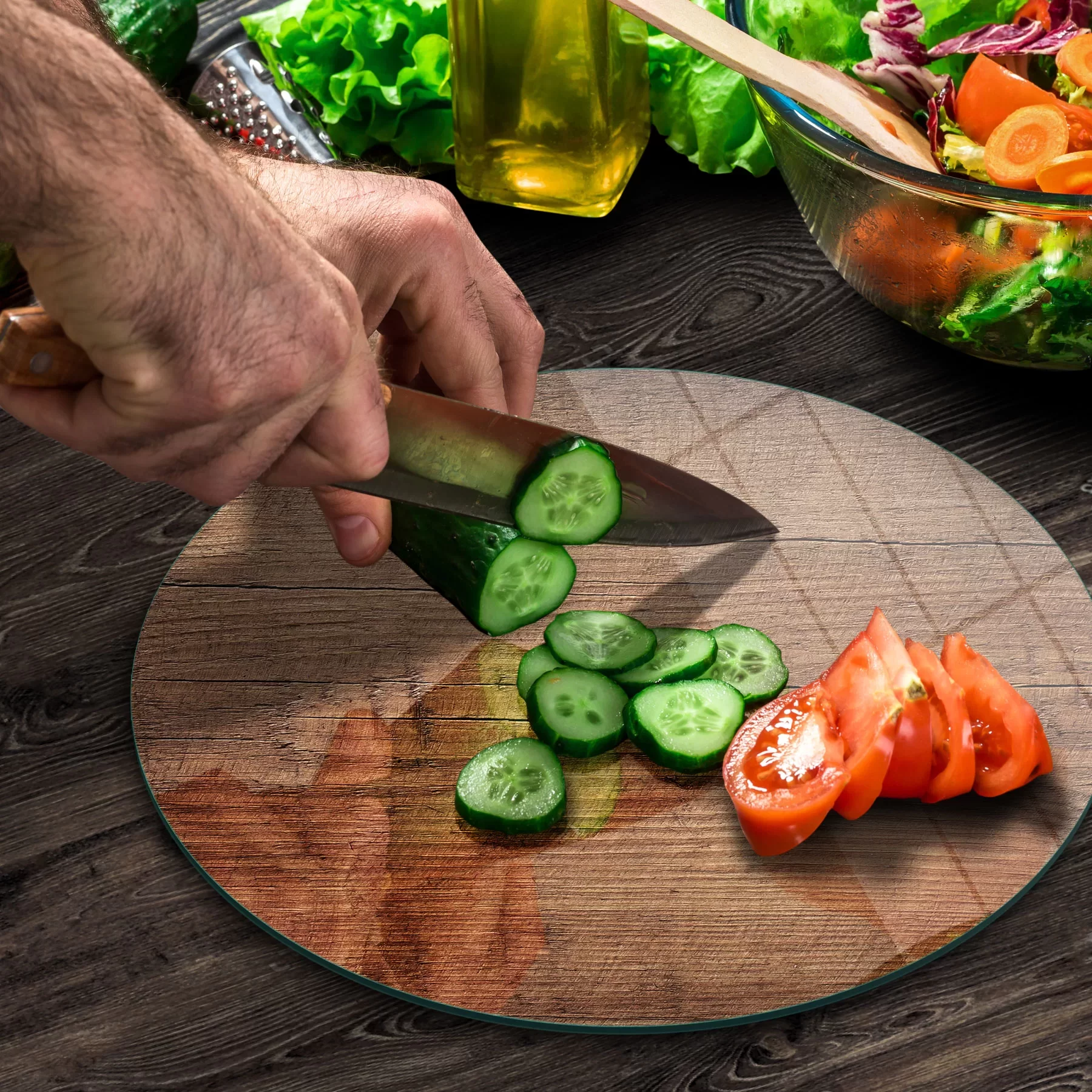 Picture of Decovetro Cam Kesme Tahtası ve Sunumluk Yuvarlak Eski Ahşap Desenli 30x30 Cm