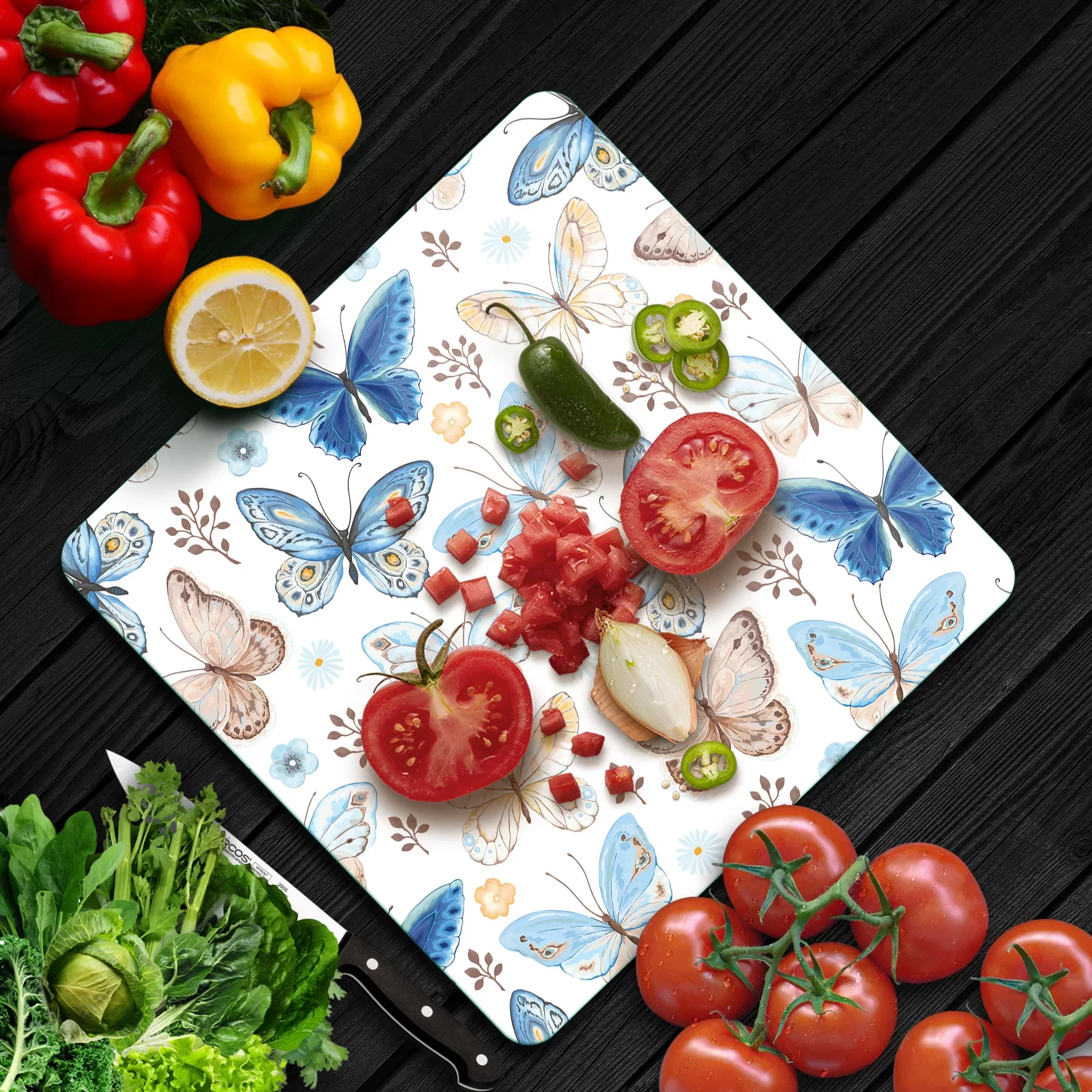 Picture of Decovetro Cam Kesme Tahtası ve Sunumluk Kare Kelebek Desenli 30x30 Cm